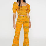 Pantalón de estampado étnico de pierna recta de talle medio con bajos divididos delanteros - ECRU