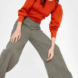 Pantalón Largo Amplio de Tiro Medio con Estampado de Pata De Gallo Blanco - ECRU