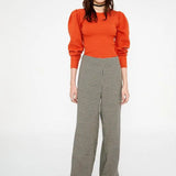 Pantalón Largo Amplio de Tiro Medio con Estampado de Pata De Gallo Blanco - ECRU