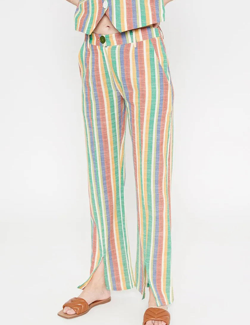 Pantalón recto de tiro medio aberturas frontales a rayas - ECRU