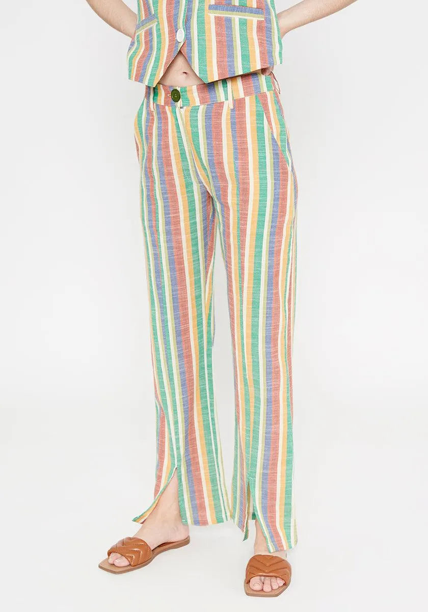 Pantalón recto de tiro medio aberturas frontales a rayas - ECRU