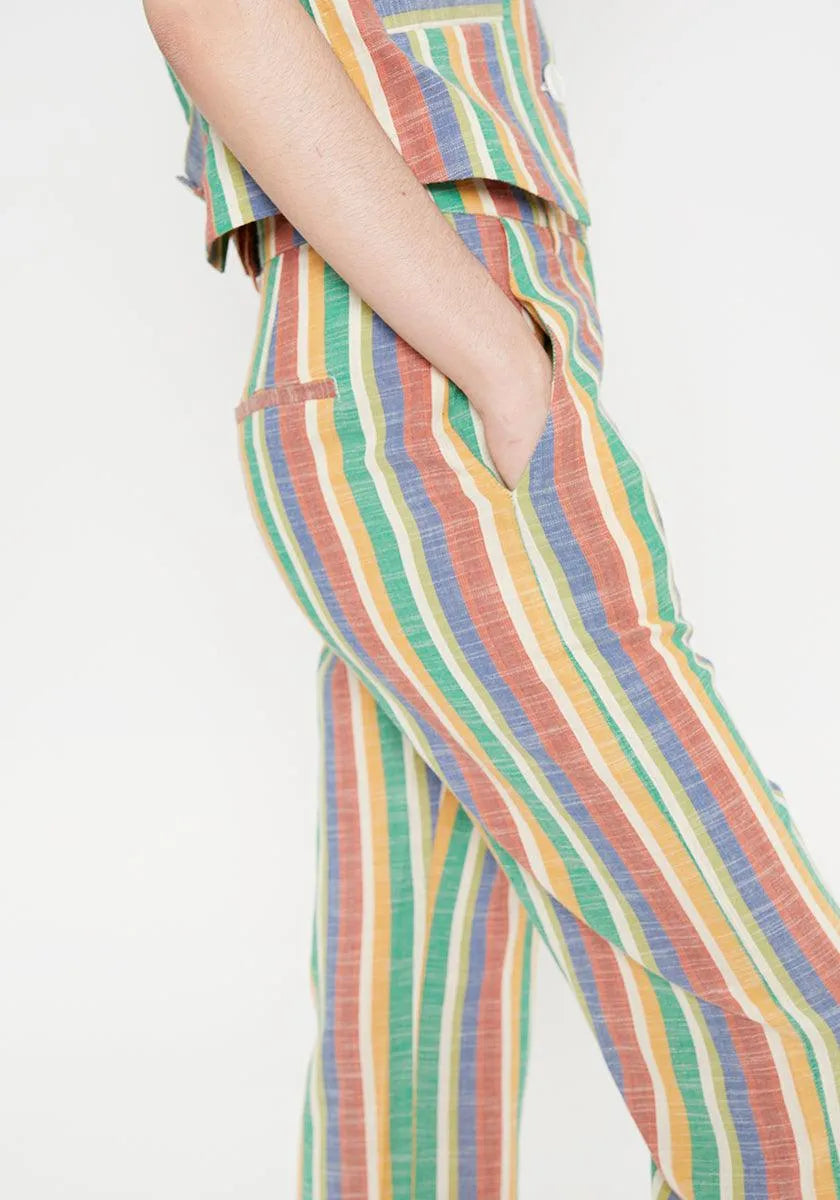 Pantalón recto de tiro medio aberturas frontales a rayas - ECRU