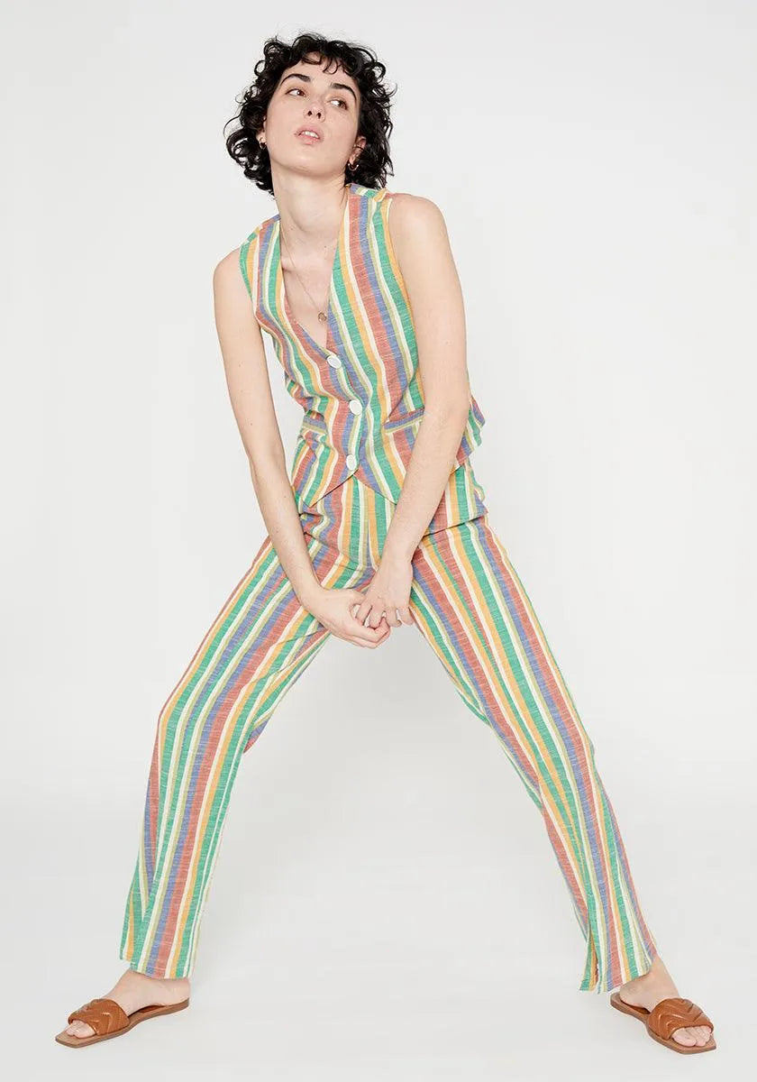 Pantalón recto de tiro medio aberturas frontales a rayas - ECRU