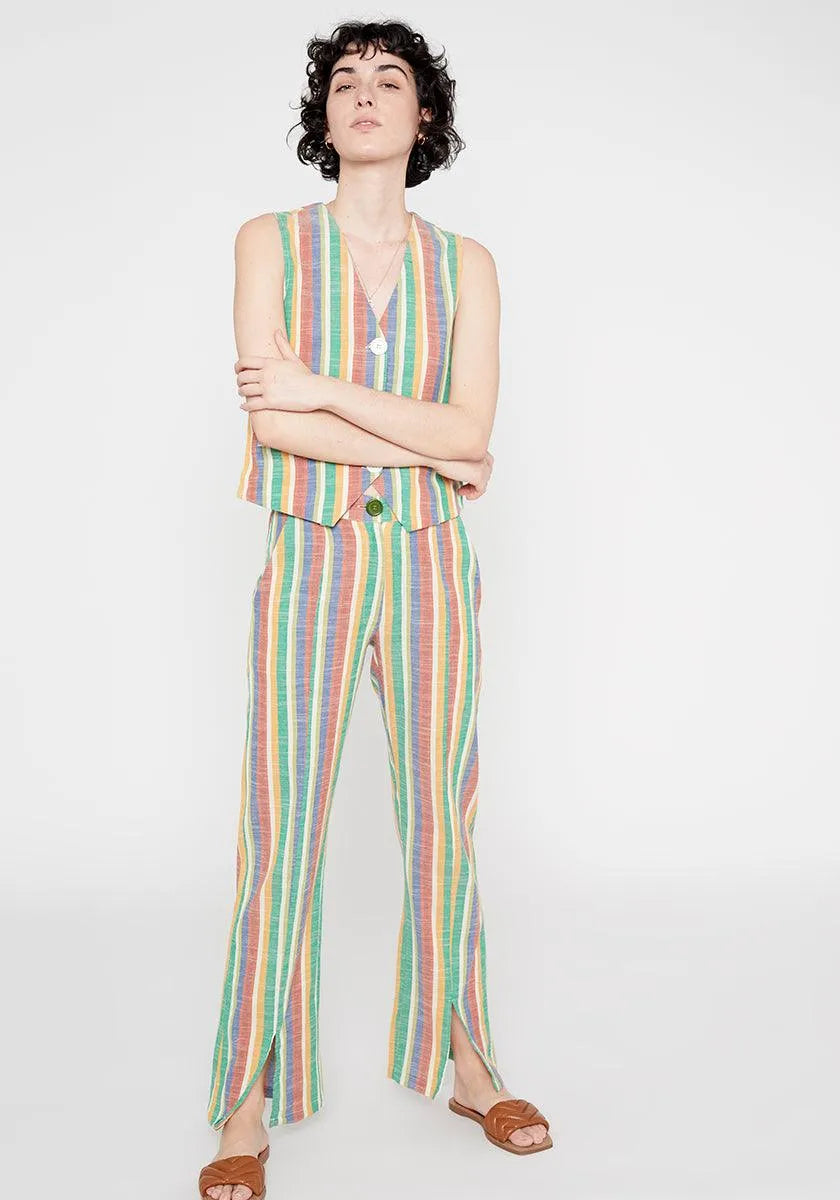 Pantalón recto de tiro medio aberturas frontales a rayas - ECRU