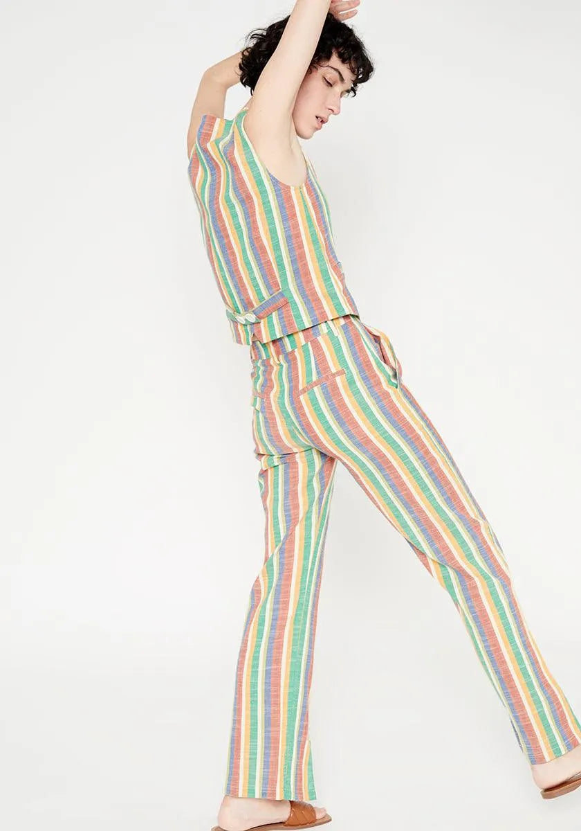 Pantalón recto de tiro medio aberturas frontales a rayas - ECRU