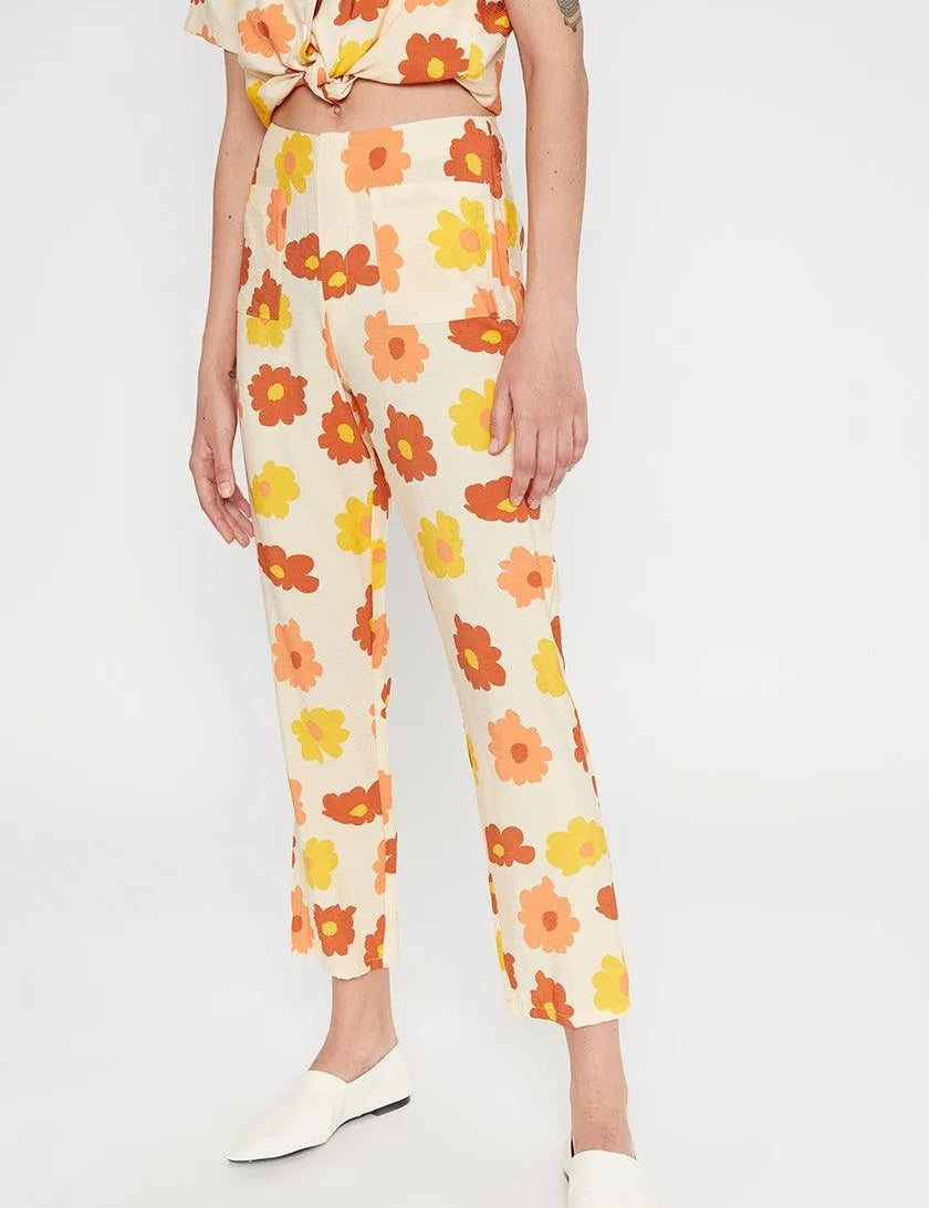 Pantalón tobillero recto de tiro medio estampado flores naranjas - ECRU