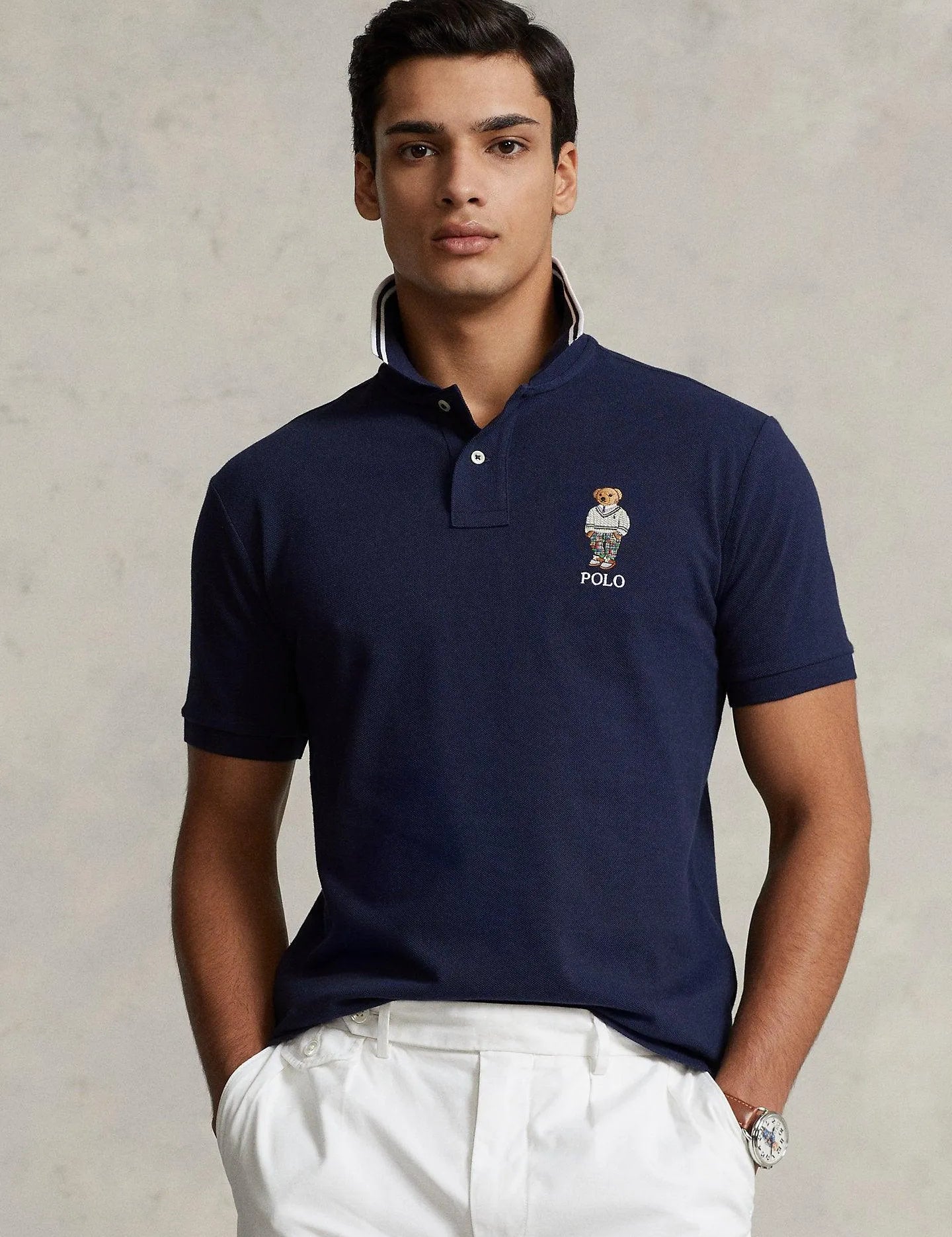 Polo de Hombre Ralph Lauren piqué Custom Slim con Polo Bear - ECRU