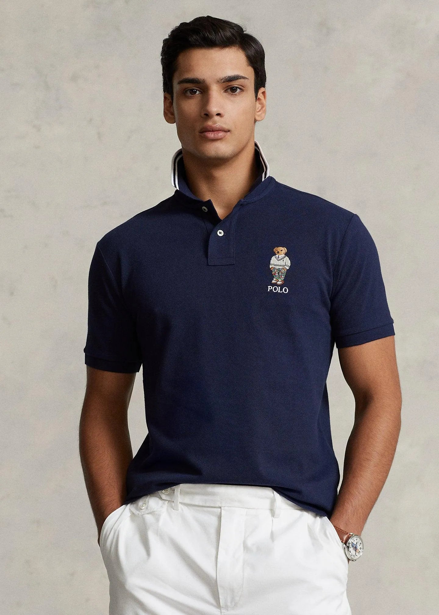 Polo de Hombre Ralph Lauren piqué Custom Slim con Polo Bear - ECRU