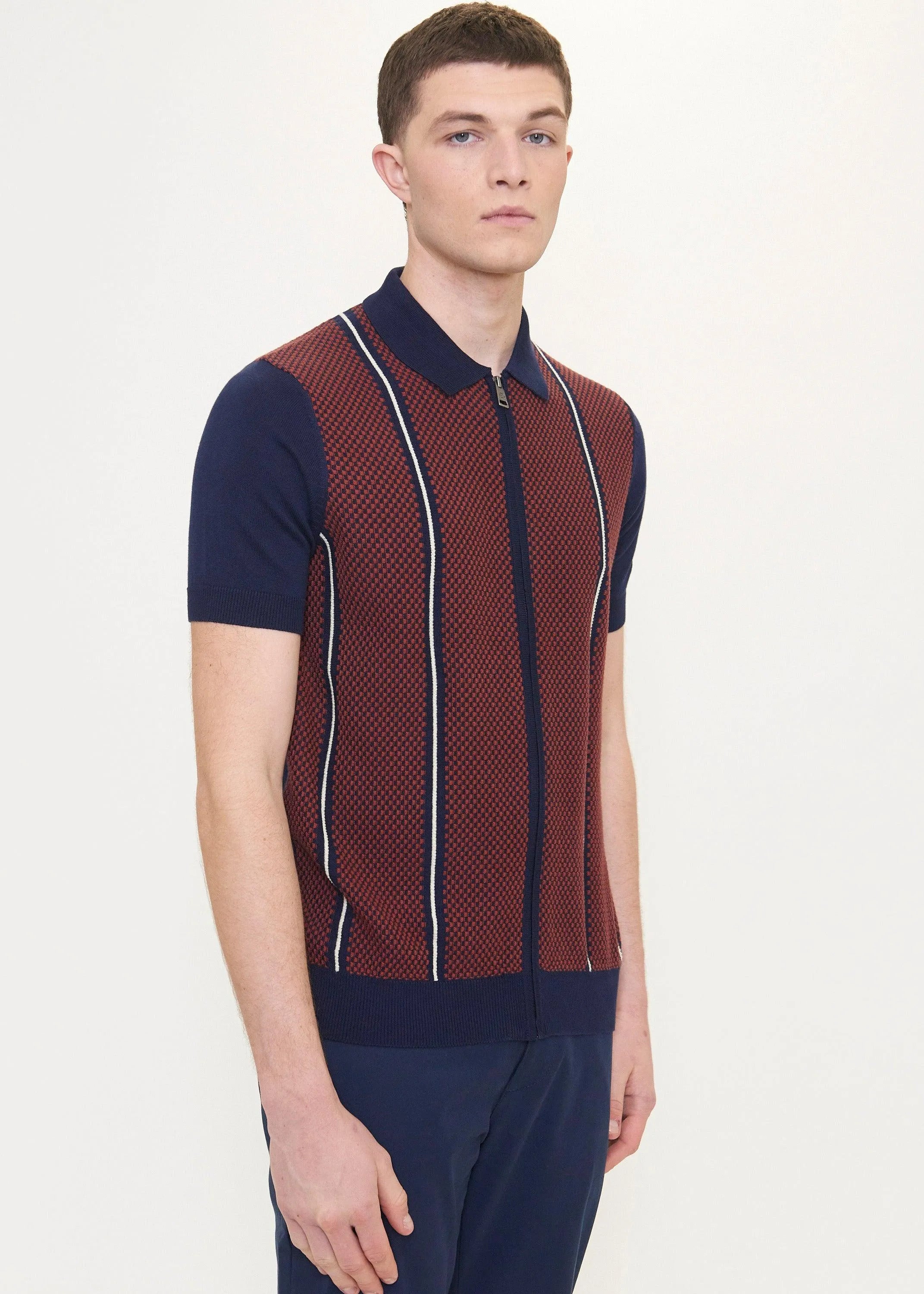 Polo Jacquard De Manga Corta Con Cremallera Y Punto - Marine - ECRU