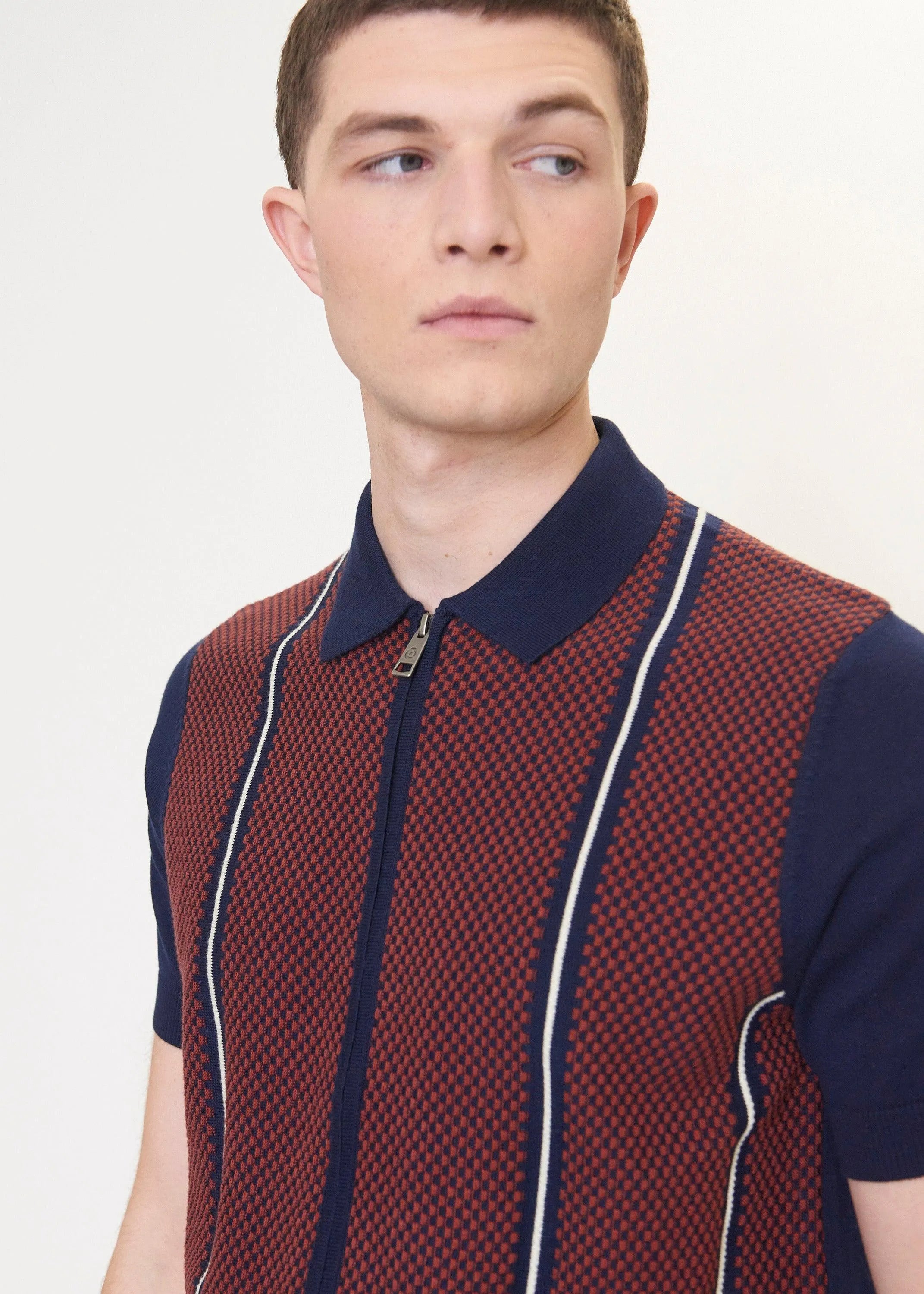 Polo Jacquard De Manga Corta Con Cremallera Y Punto - Marine - ECRU