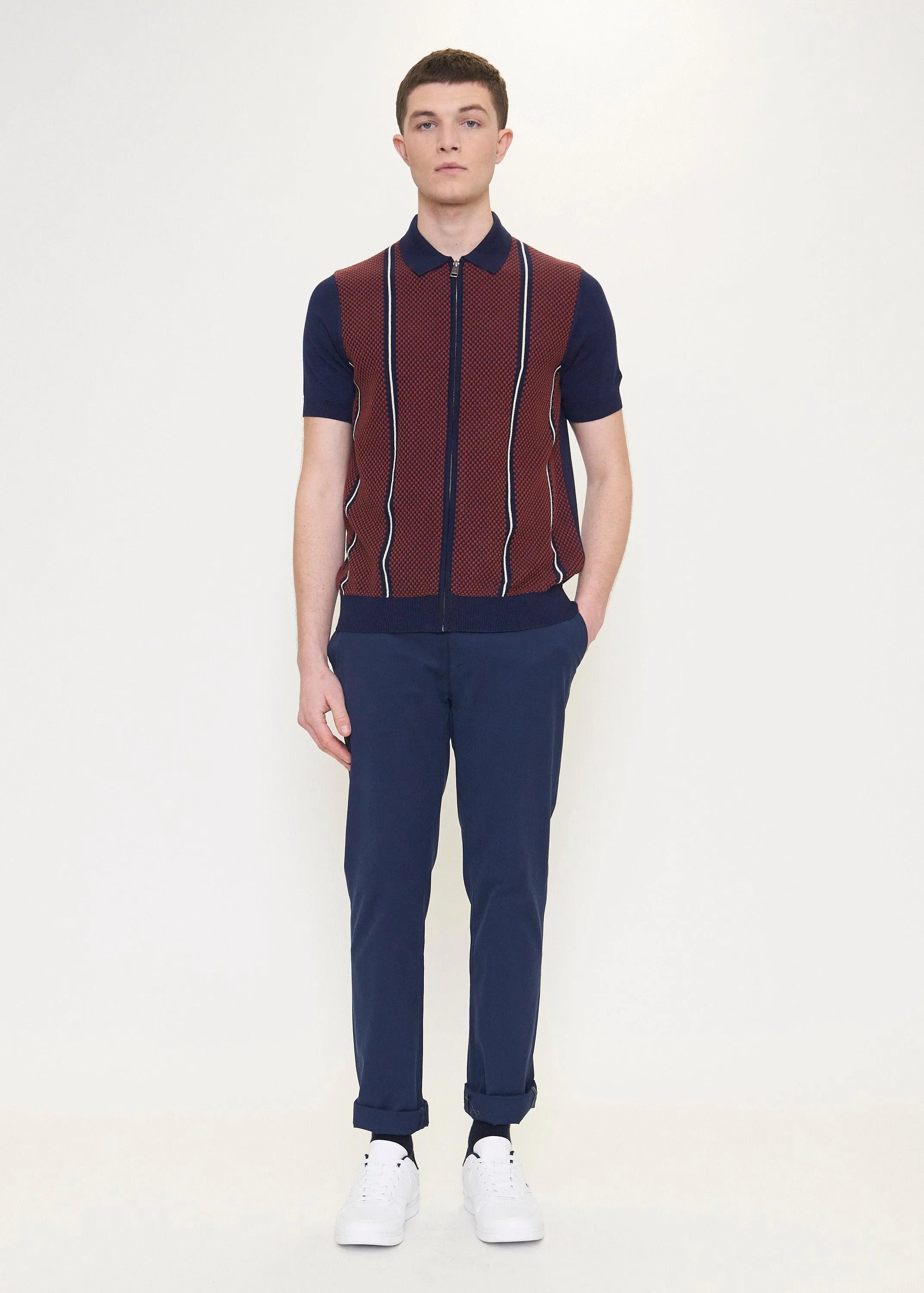 Polo Jacquard De Manga Corta Con Cremallera Y Punto - Marine - ECRU