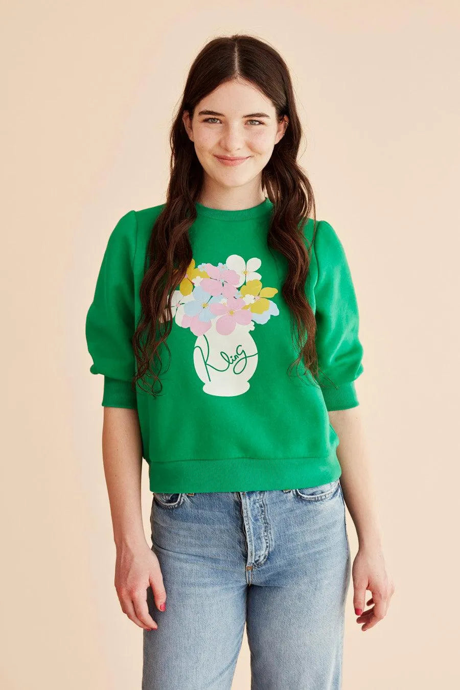 Sudadera corta manga abullonada - ECRU