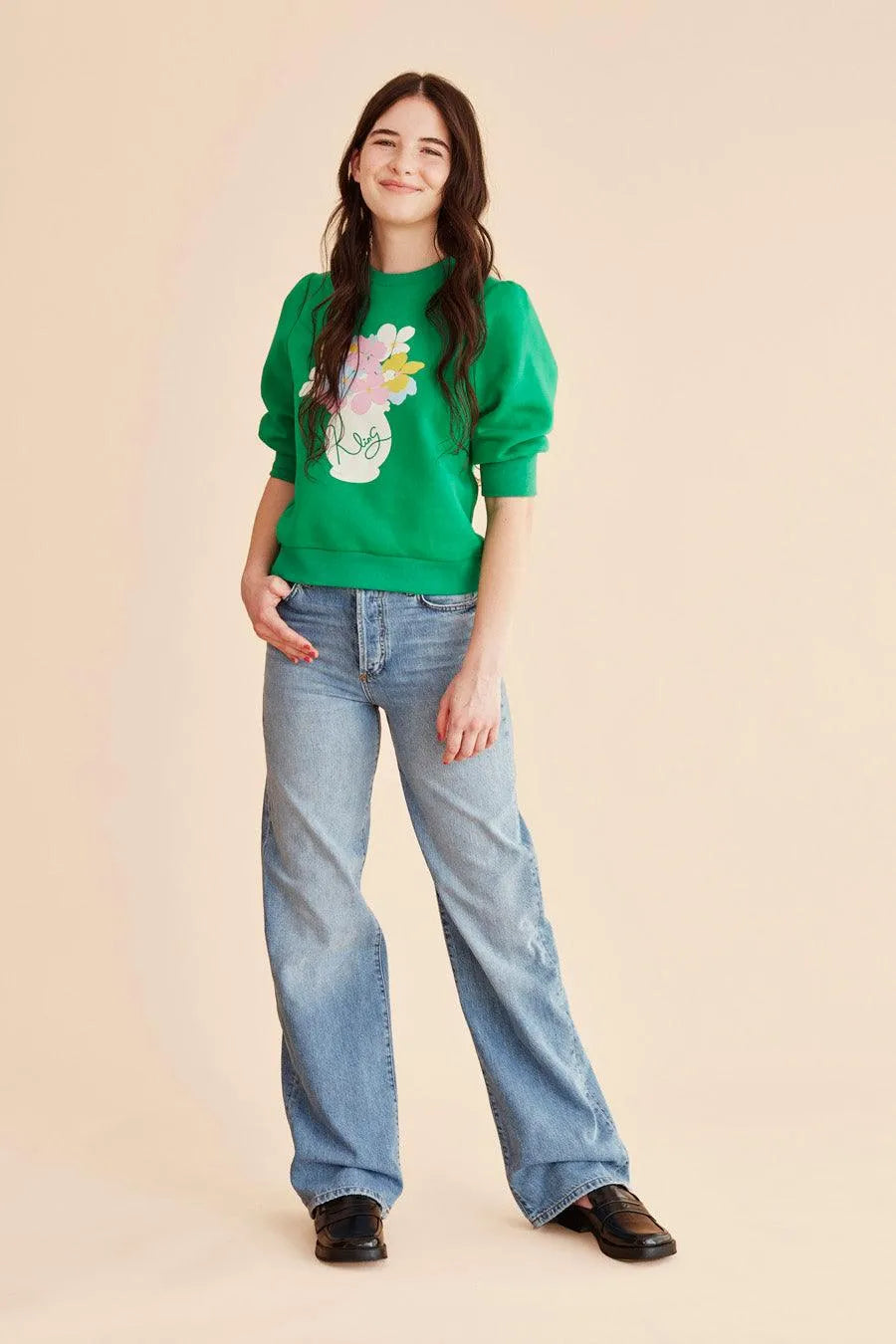 Sudadera corta manga abullonada - ECRU