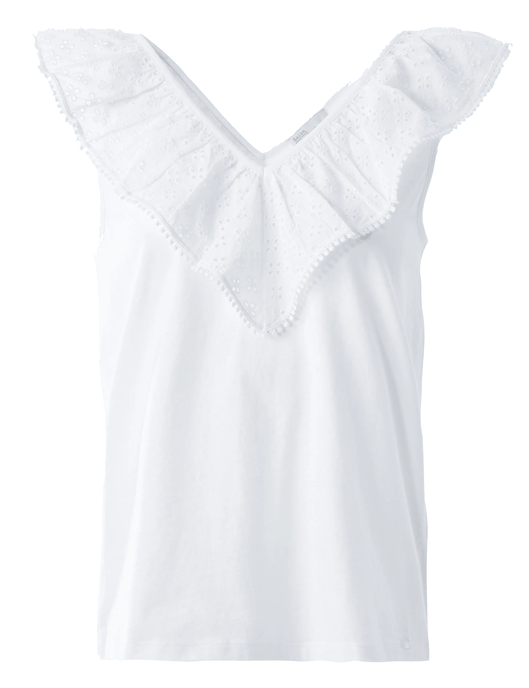 Top con escote de pico con volante en bordado inglés - ECRU