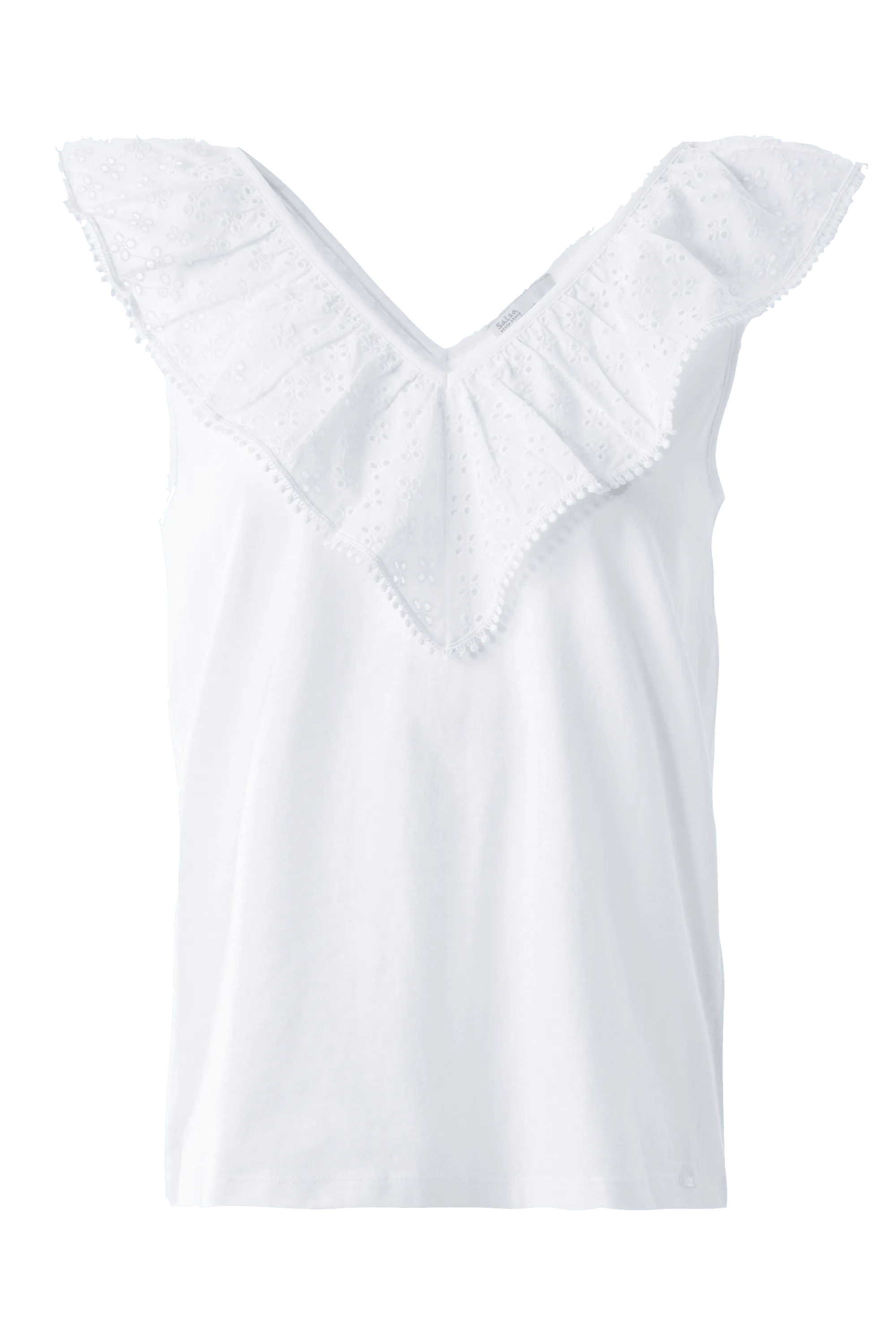 Top con escote de pico con volante en bordado inglés - ECRU