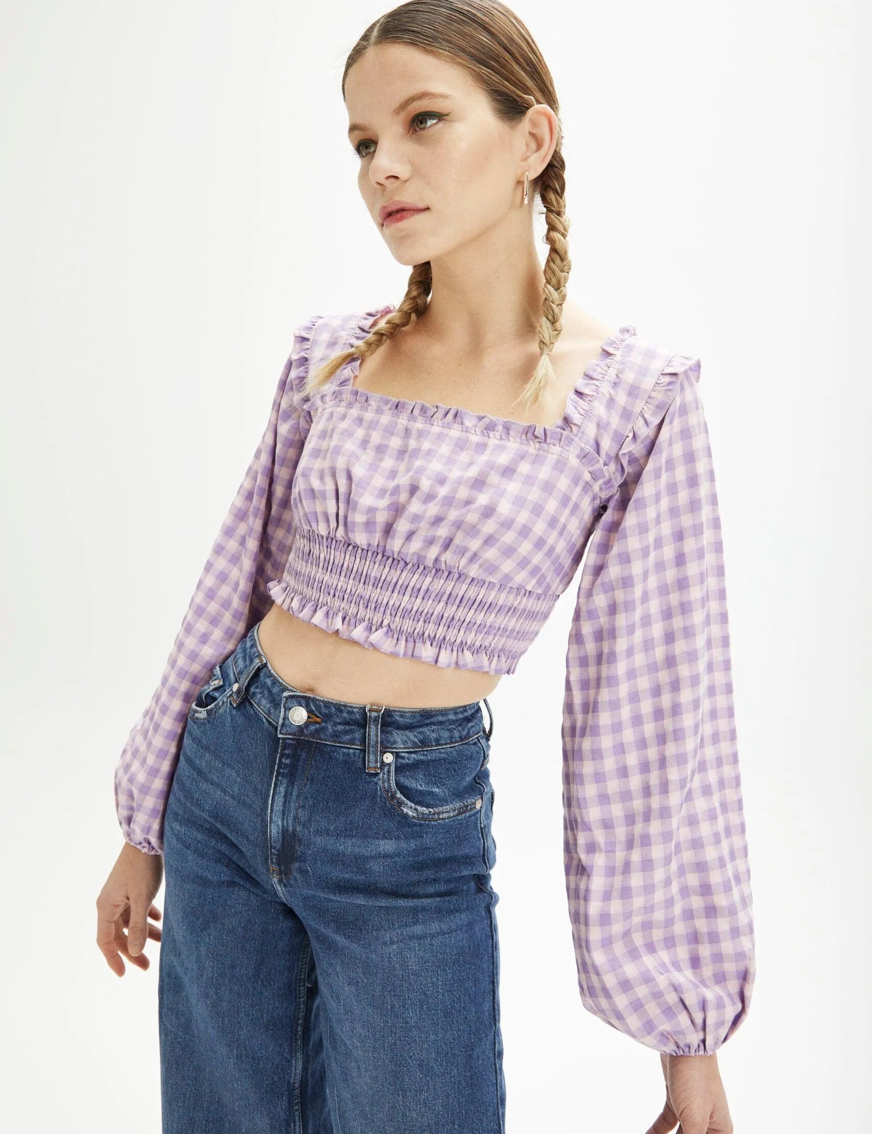 Top manga abullonada cuadros vichy - ECRU