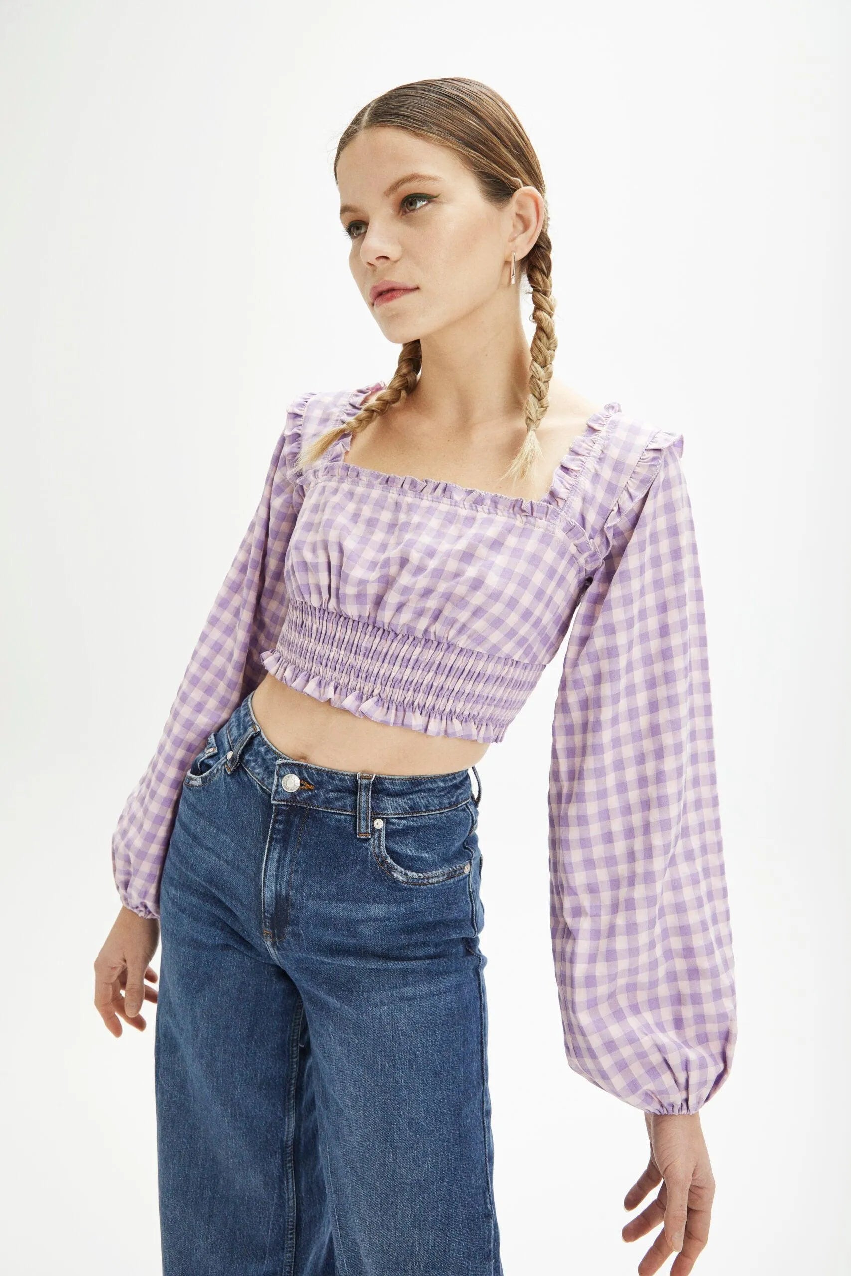 Top manga abullonada cuadros vichy - ECRU