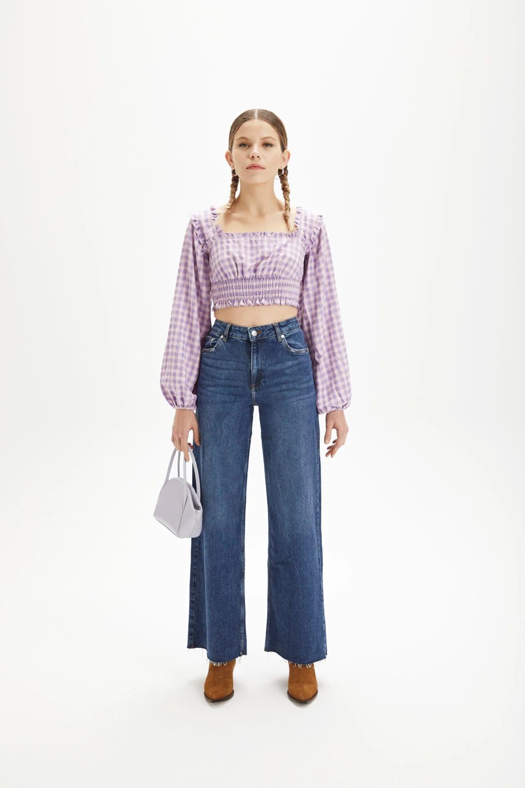 Top manga abullonada cuadros vichy - ECRU