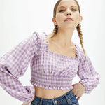 Top manga abullonada cuadros vichy - ECRU