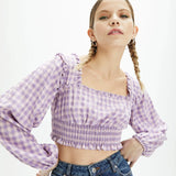 Top manga abullonada cuadros vichy - ECRU