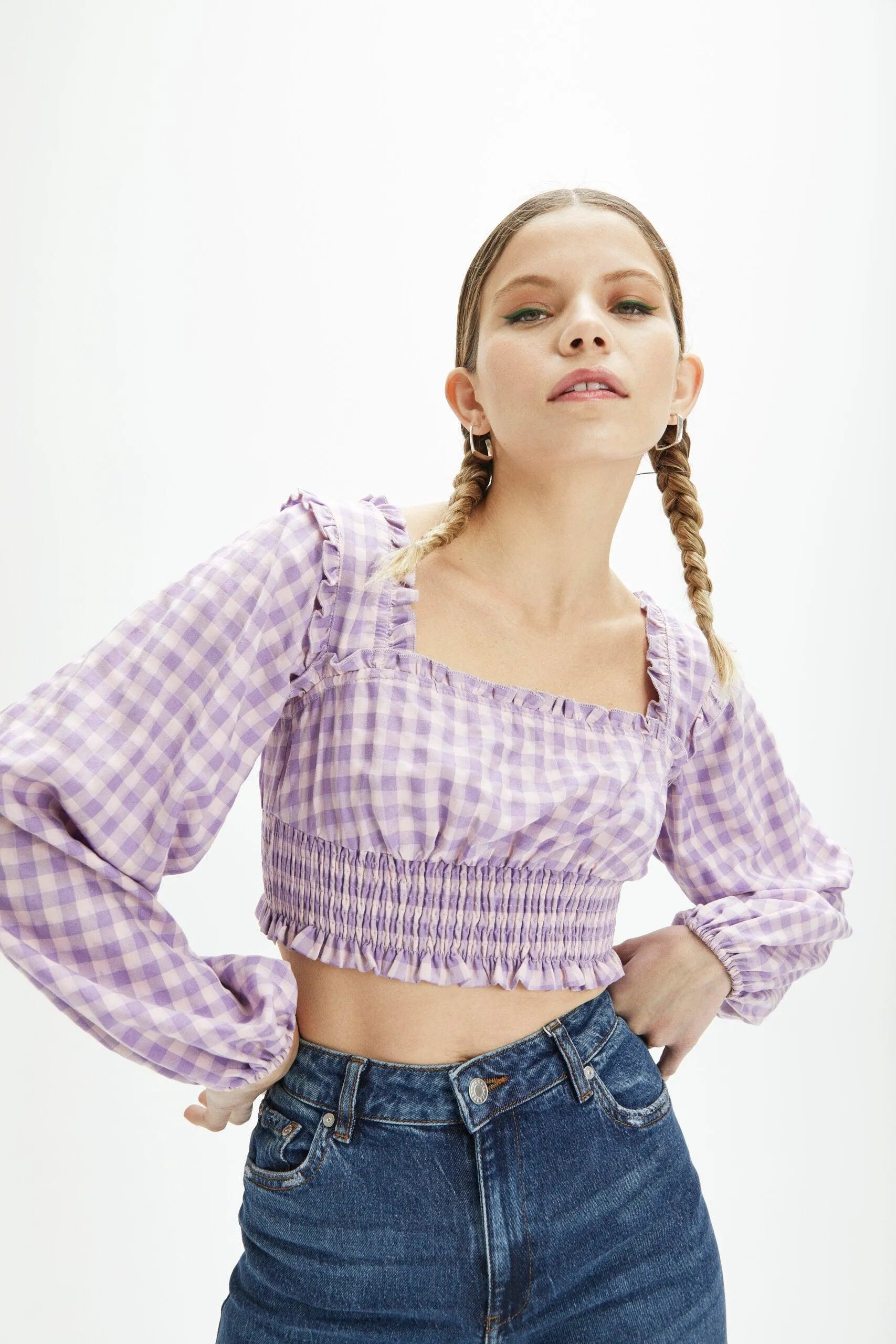 Top manga abullonada cuadros vichy - ECRU