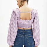 Top manga abullonada cuadros vichy - ECRU