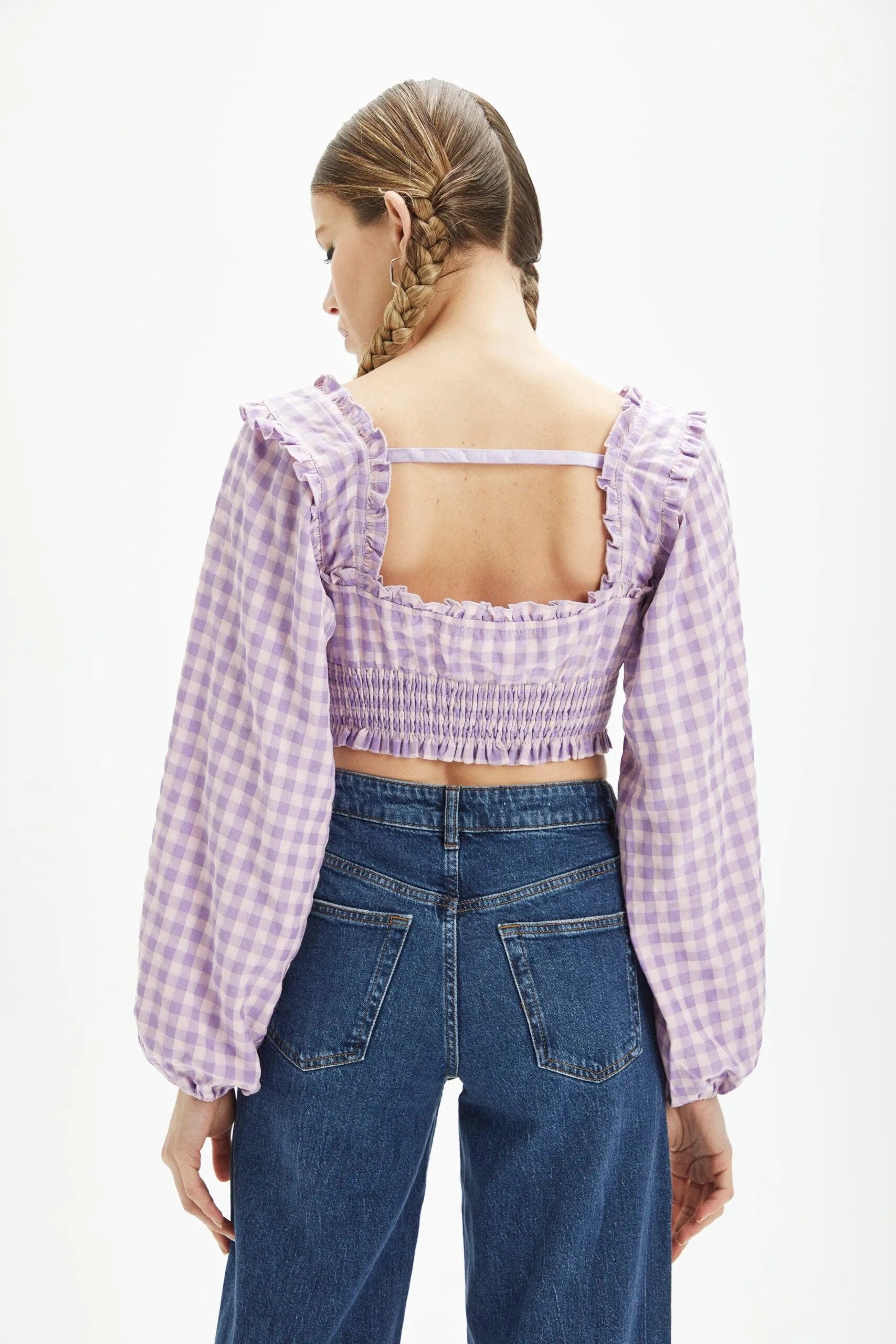 Top manga abullonada cuadros vichy - ECRU