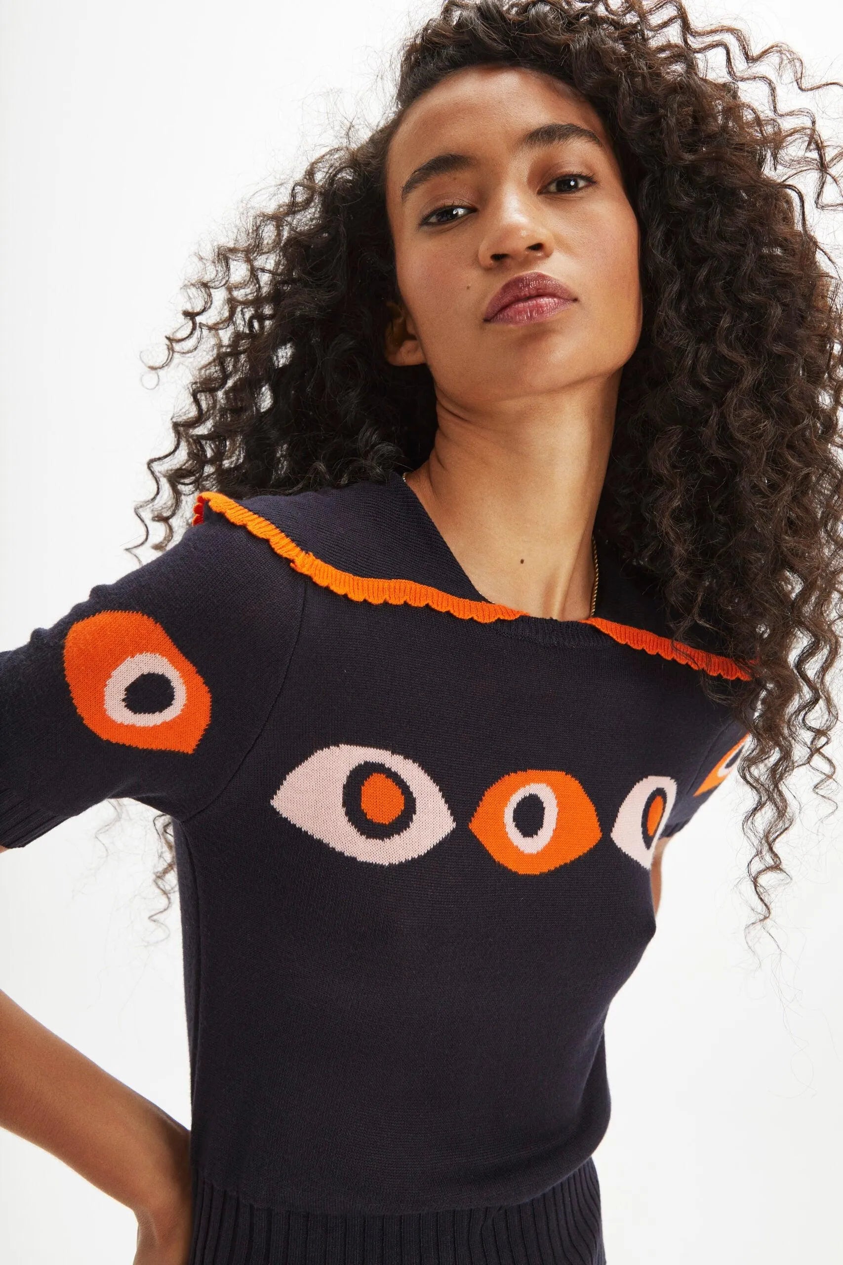 Top punto cuello bobo ojos - ECRU