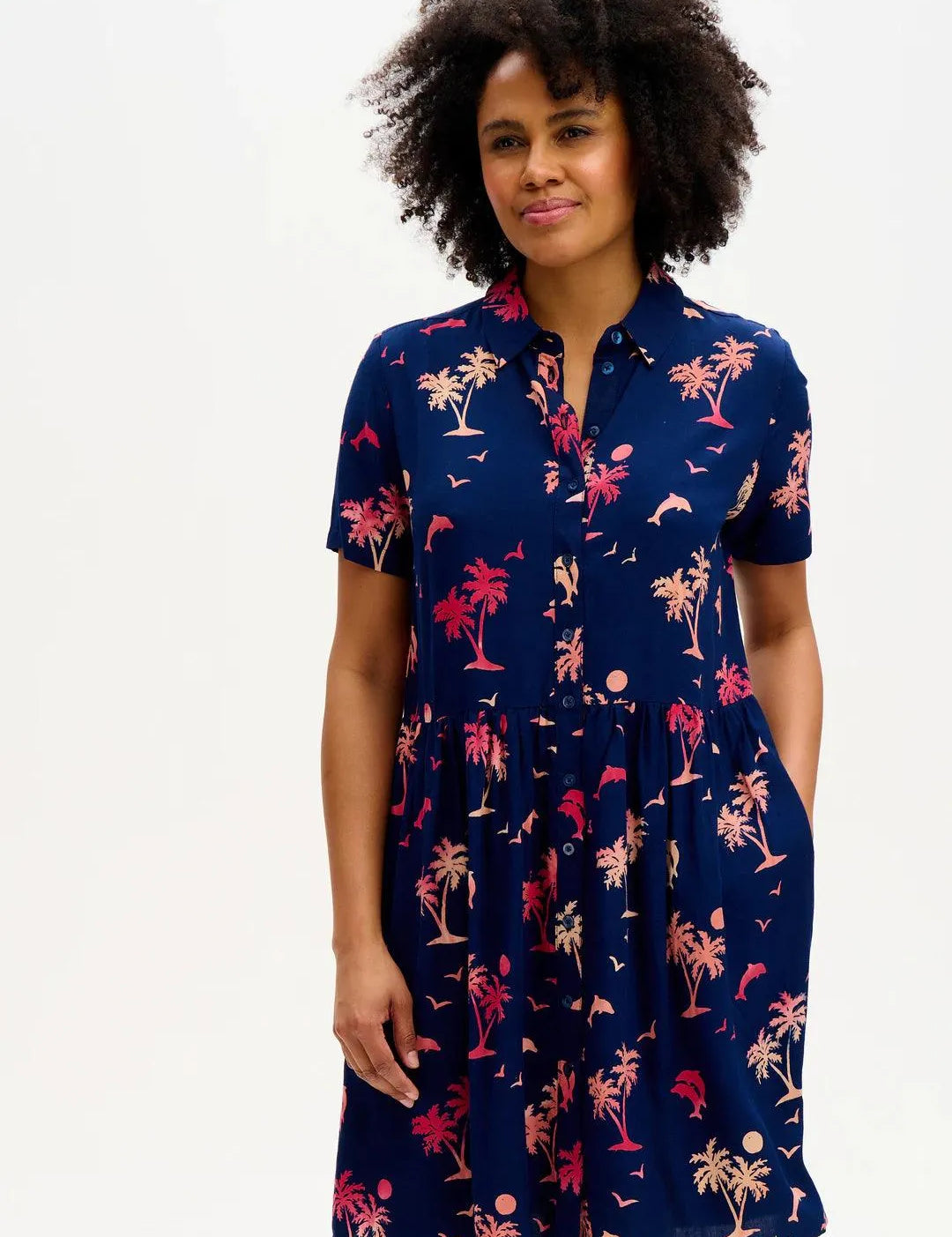 Vestido Camisero Batik Keeley Navy Tropical Island - ECRU