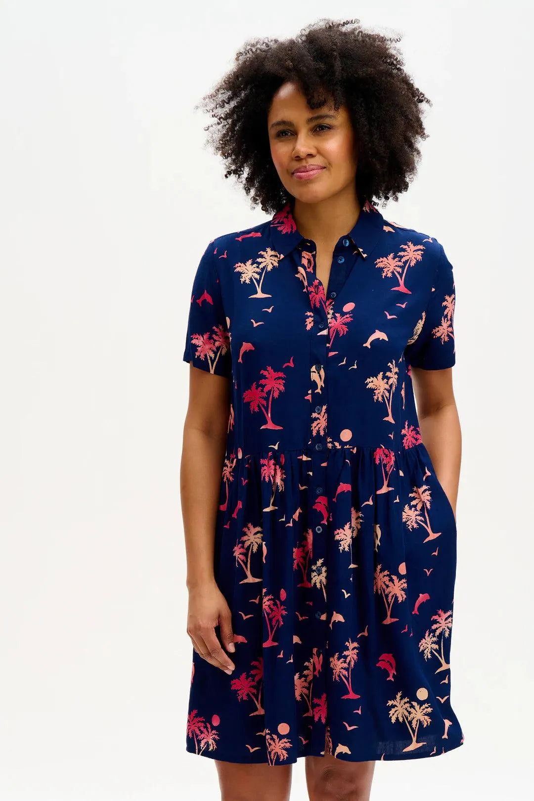 Vestido Camisero Batik Keeley Navy Tropical Island - ECRU