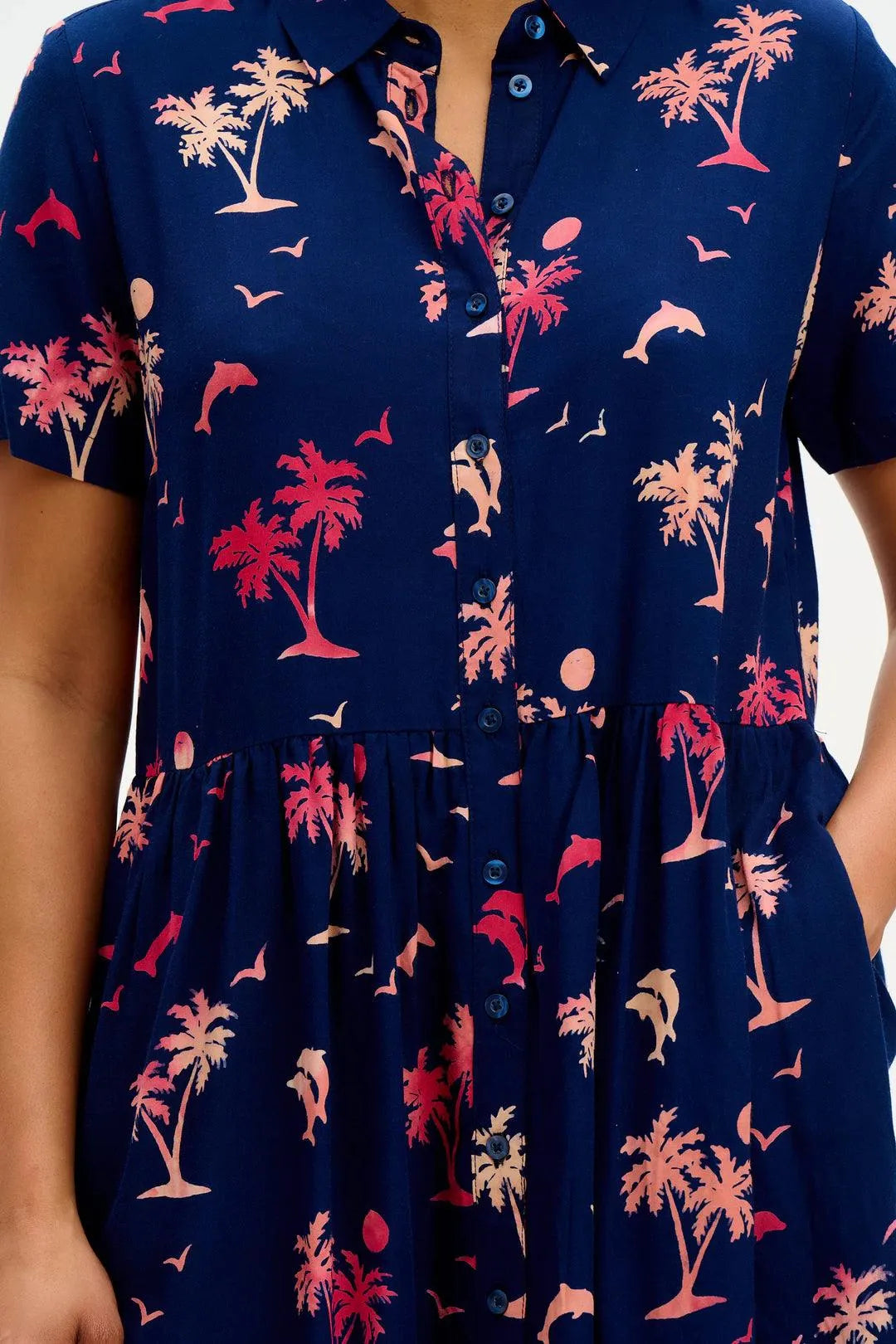 Vestido Camisero Batik Keeley Navy Tropical Island - ECRU