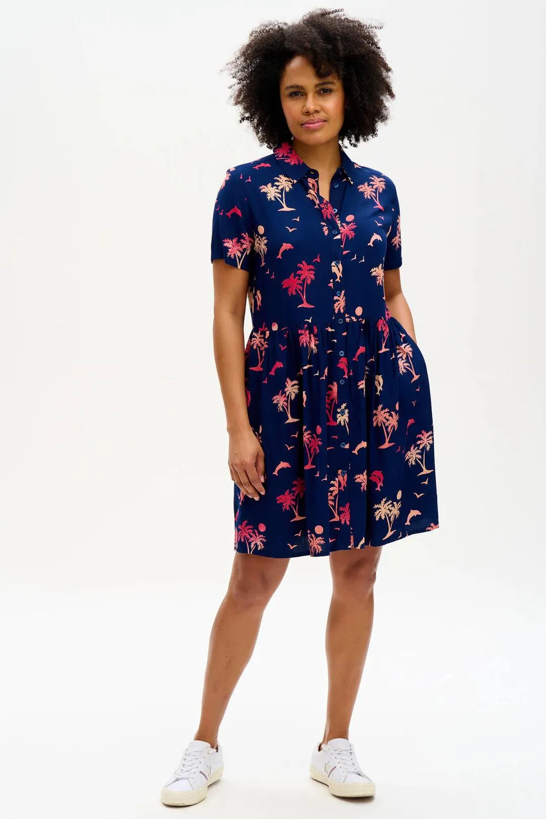 Vestido Camisero Batik Keeley Navy Tropical Island - ECRU