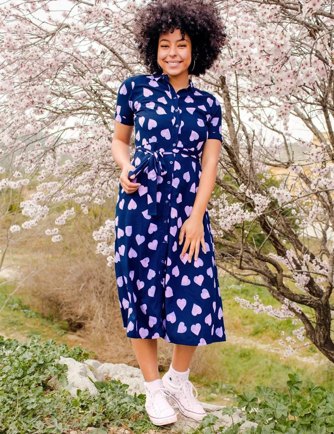 Vestido Camisero Batik Lauretta Navy Lilac Big Hearts - ECRU