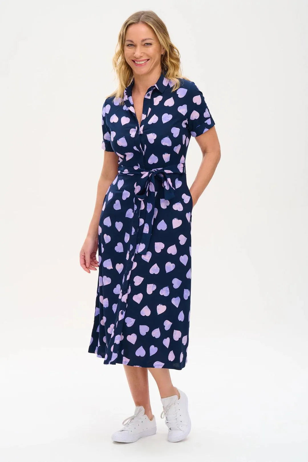 Vestido Camisero Batik Lauretta Navy Lilac Big Hearts - ECRU
