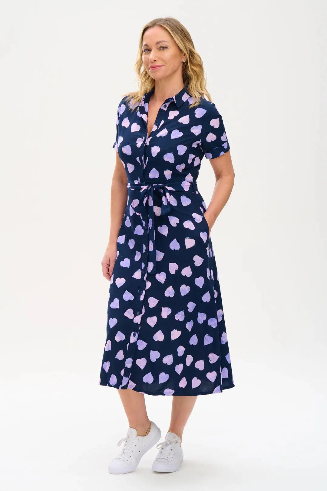 Vestido Camisero Batik Lauretta Navy Lilac Big Hearts - ECRU