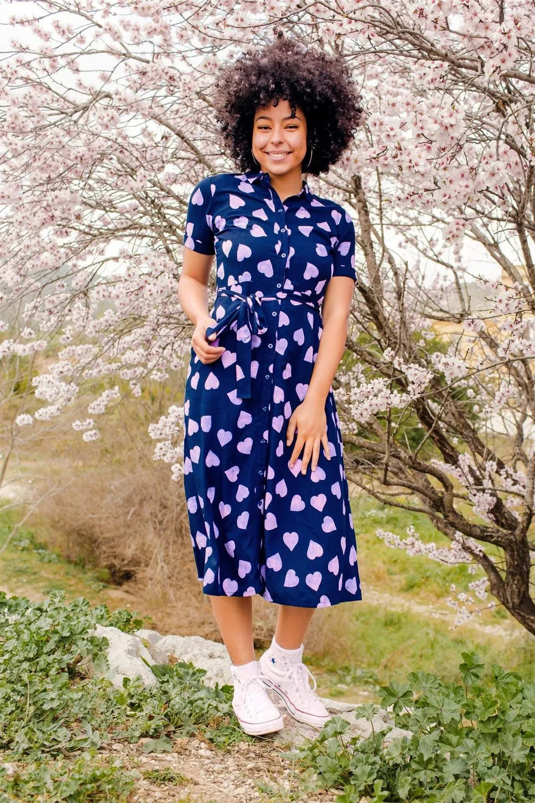 Vestido Camisero Batik Lauretta Navy Lilac Big Hearts - ECRU