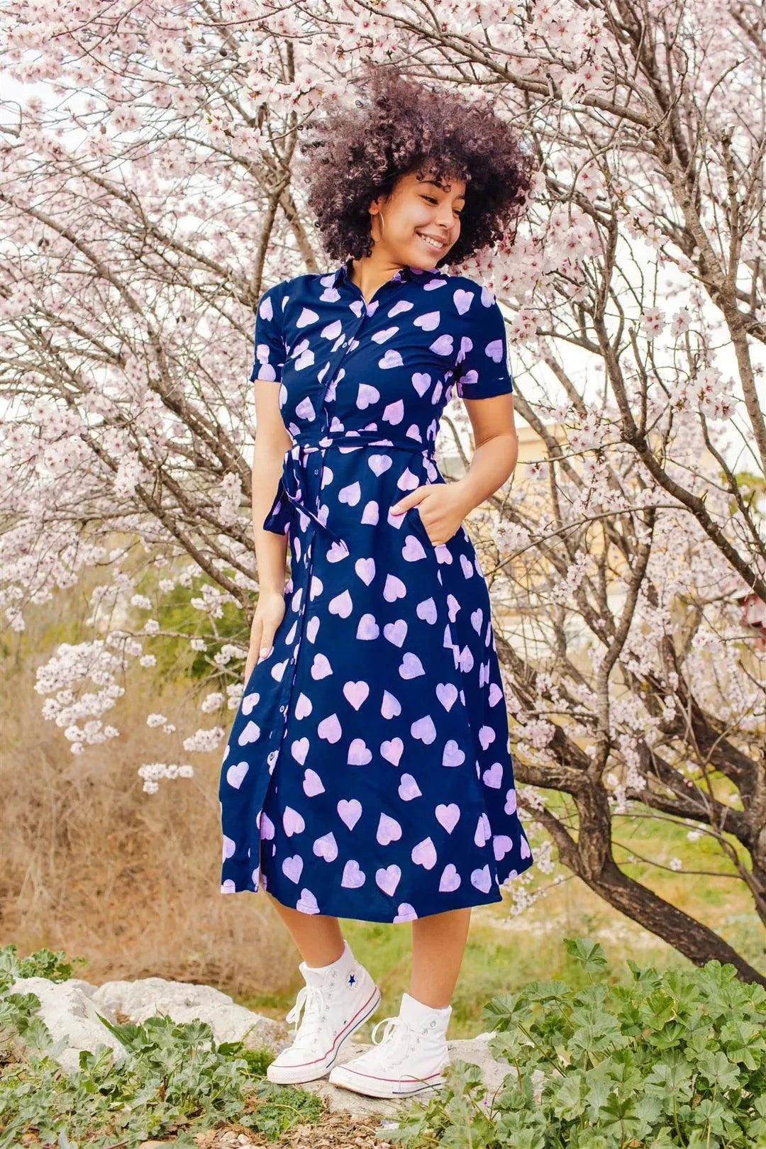 Vestido Camisero Batik Lauretta Navy Lilac Big Hearts - ECRU