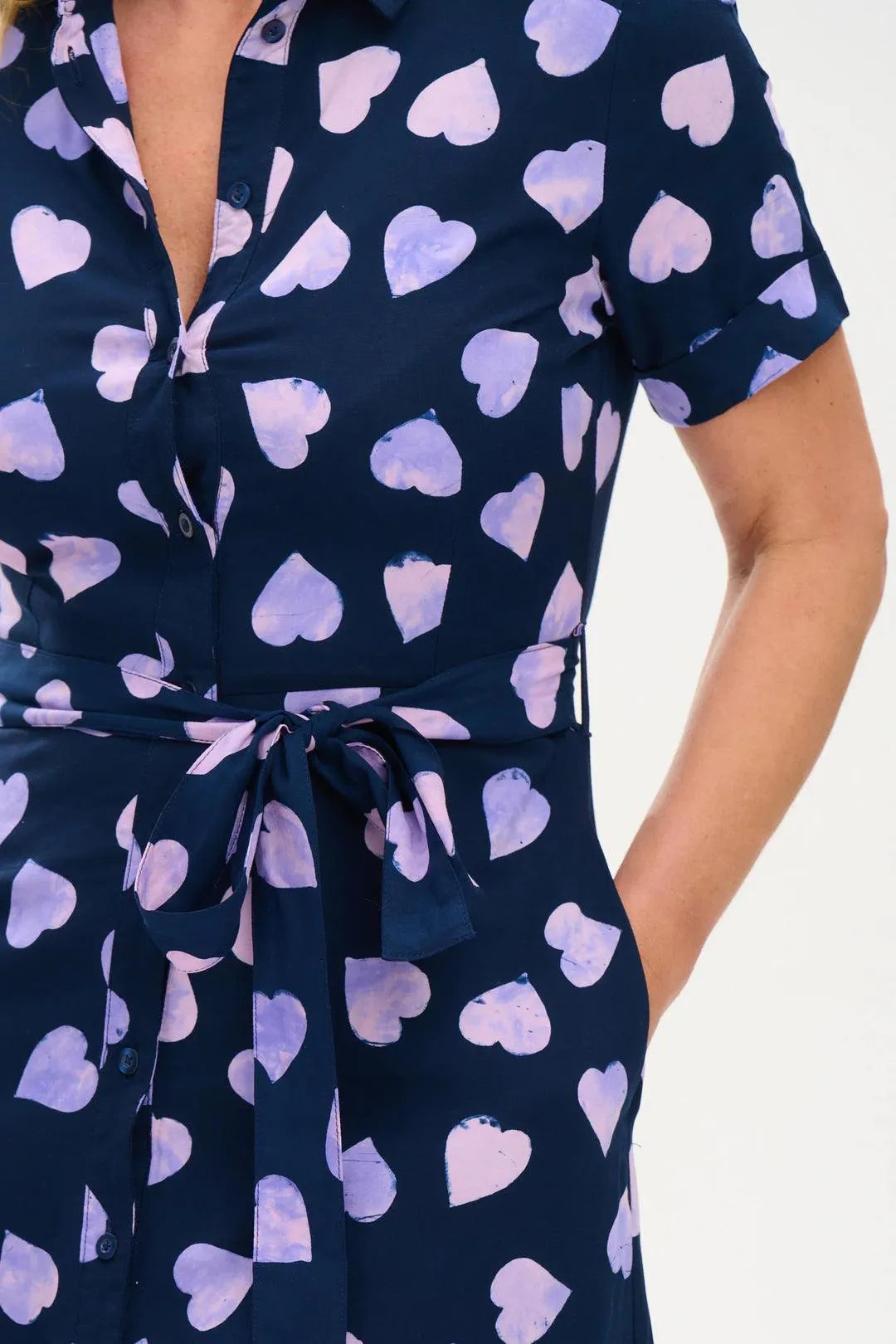 Vestido Camisero Batik Lauretta Navy Lilac Big Hearts - ECRU