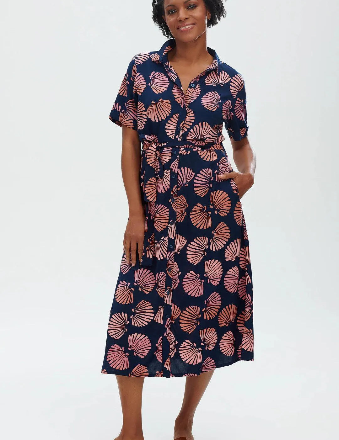 Vestido Camisero Batik Lauretta Navy Shells - ECRU