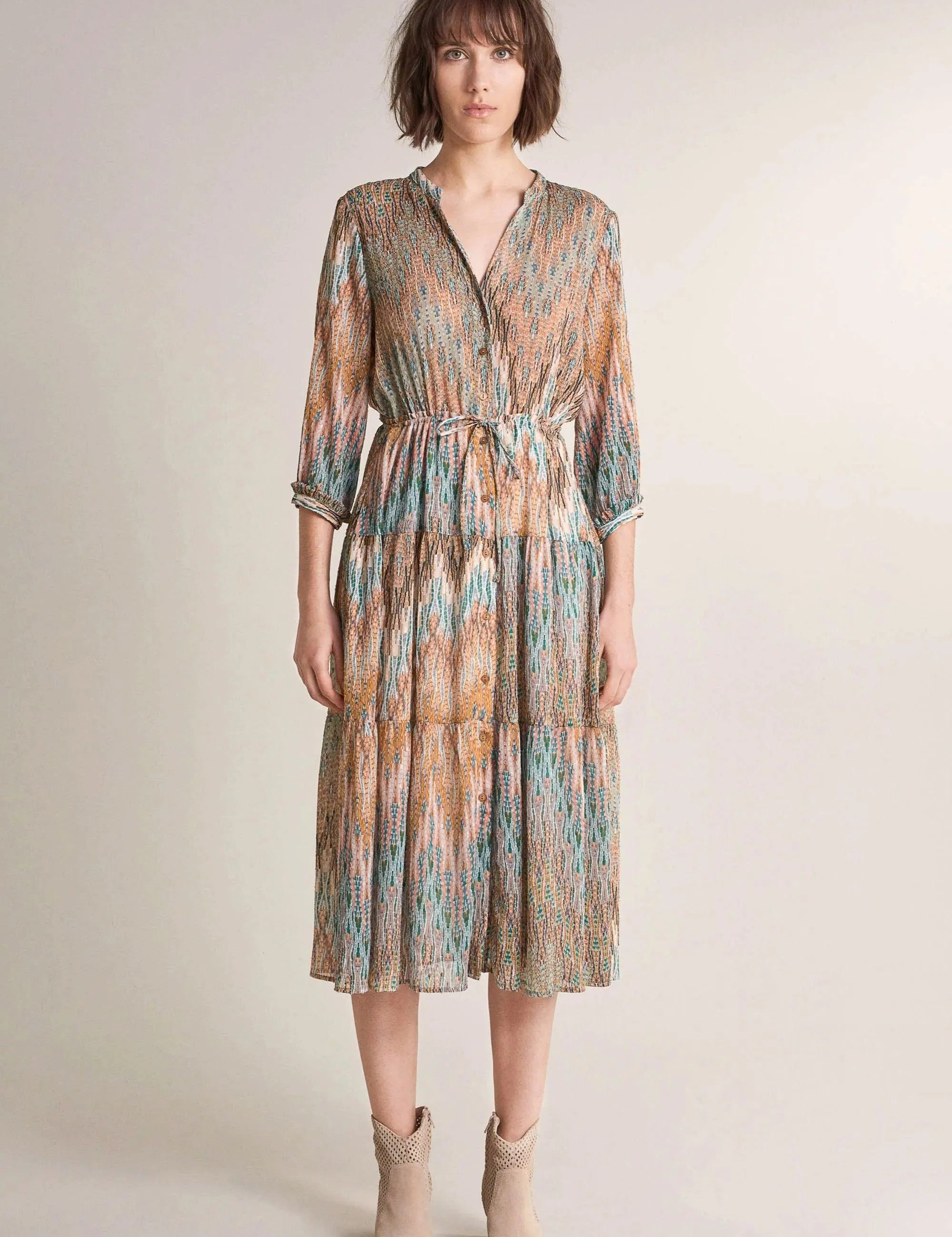 Vestido Camisero Cintado Estampado - ECRU