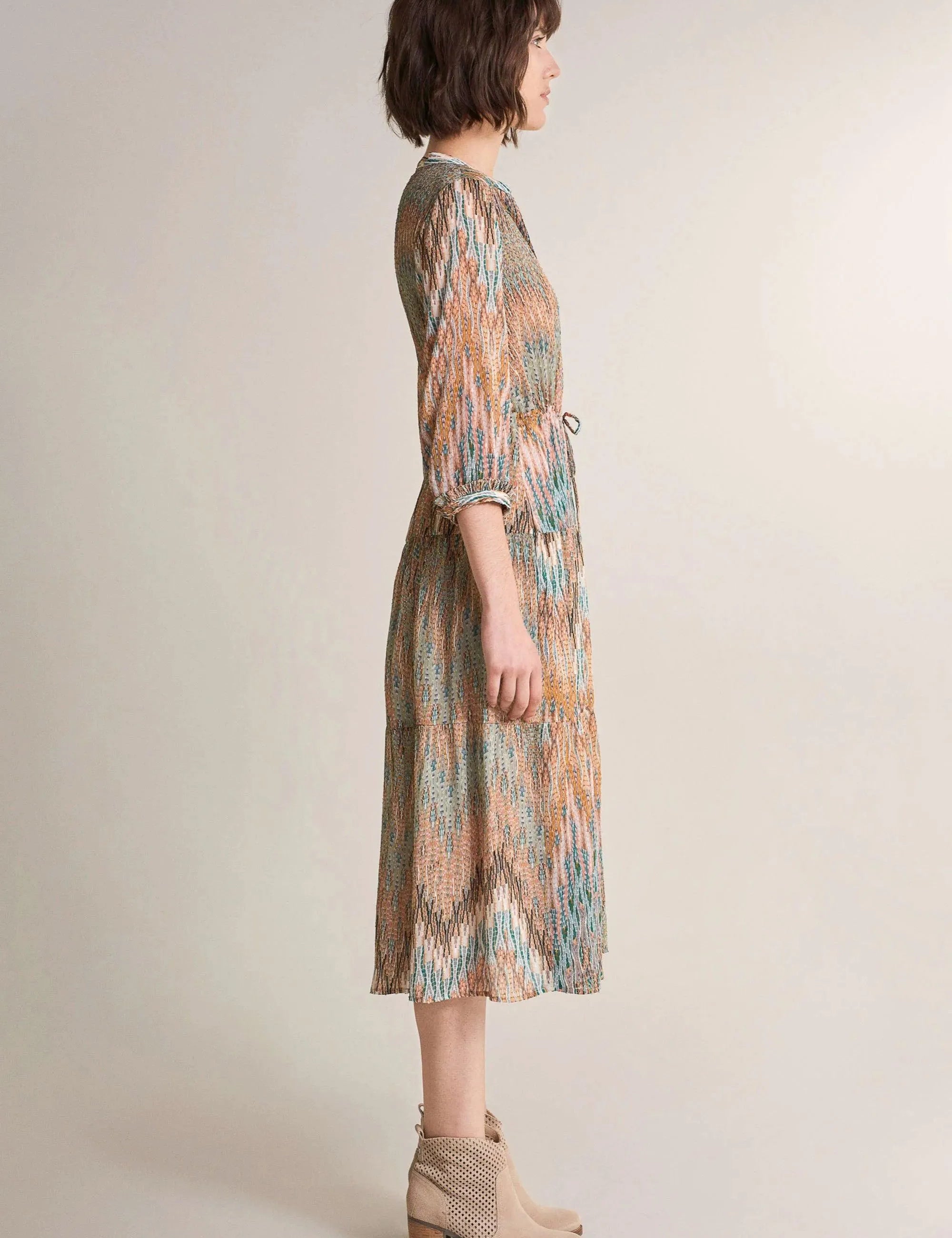 Vestido Camisero Cintado Estampado - ECRU