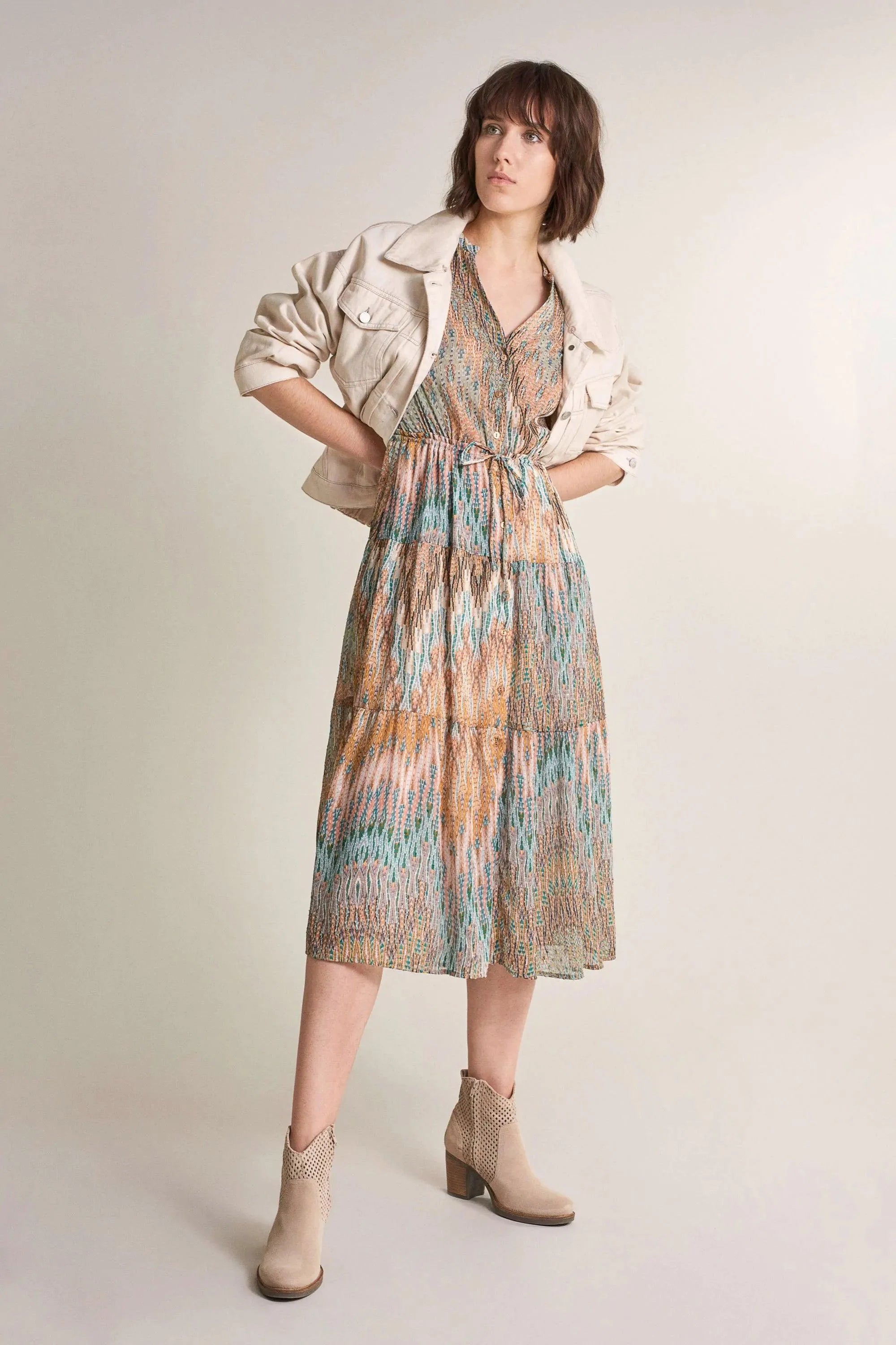 Vestido Camisero Cintado Estampado - ECRU