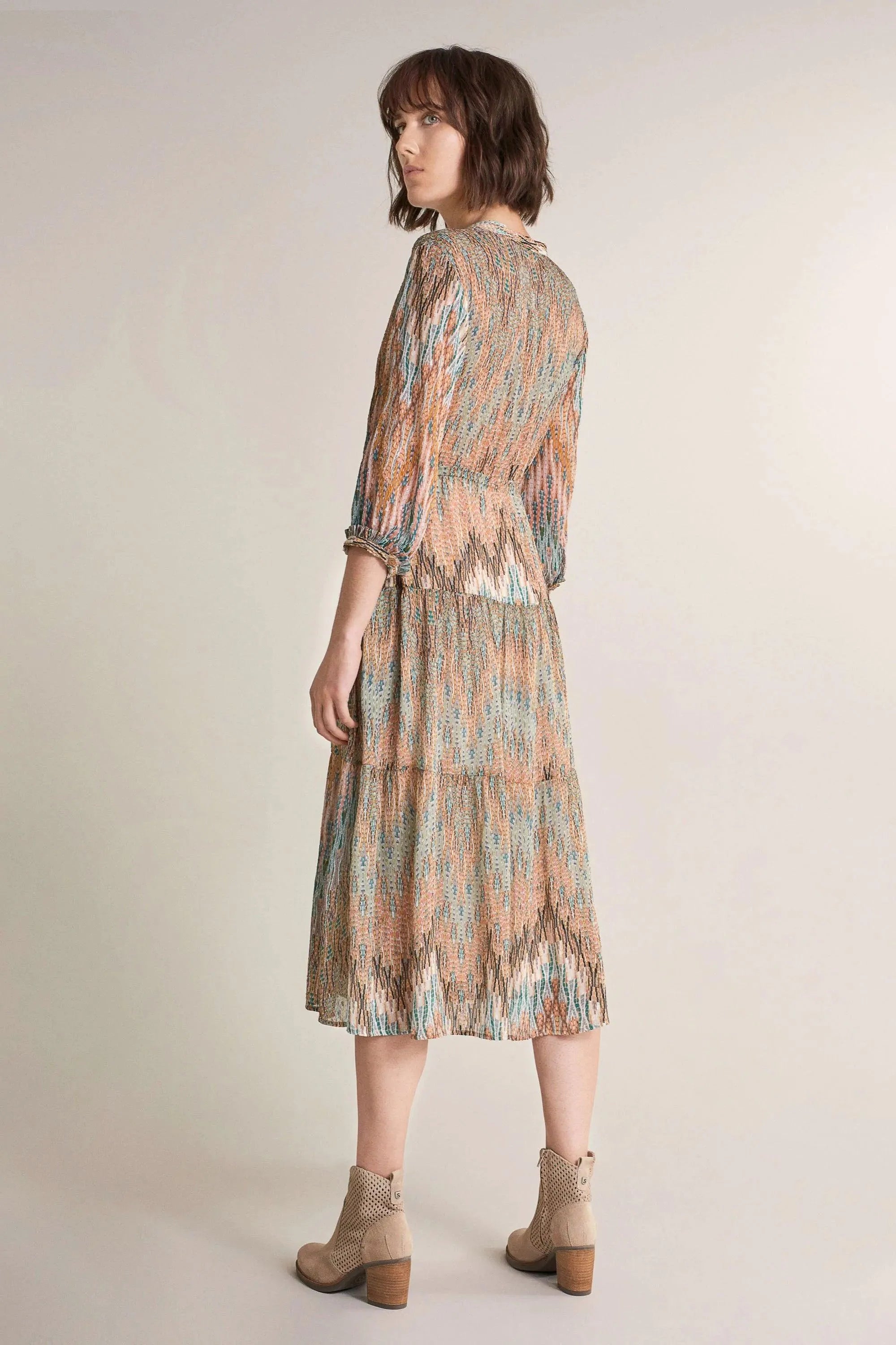 Vestido Camisero Cintado Estampado - ECRU