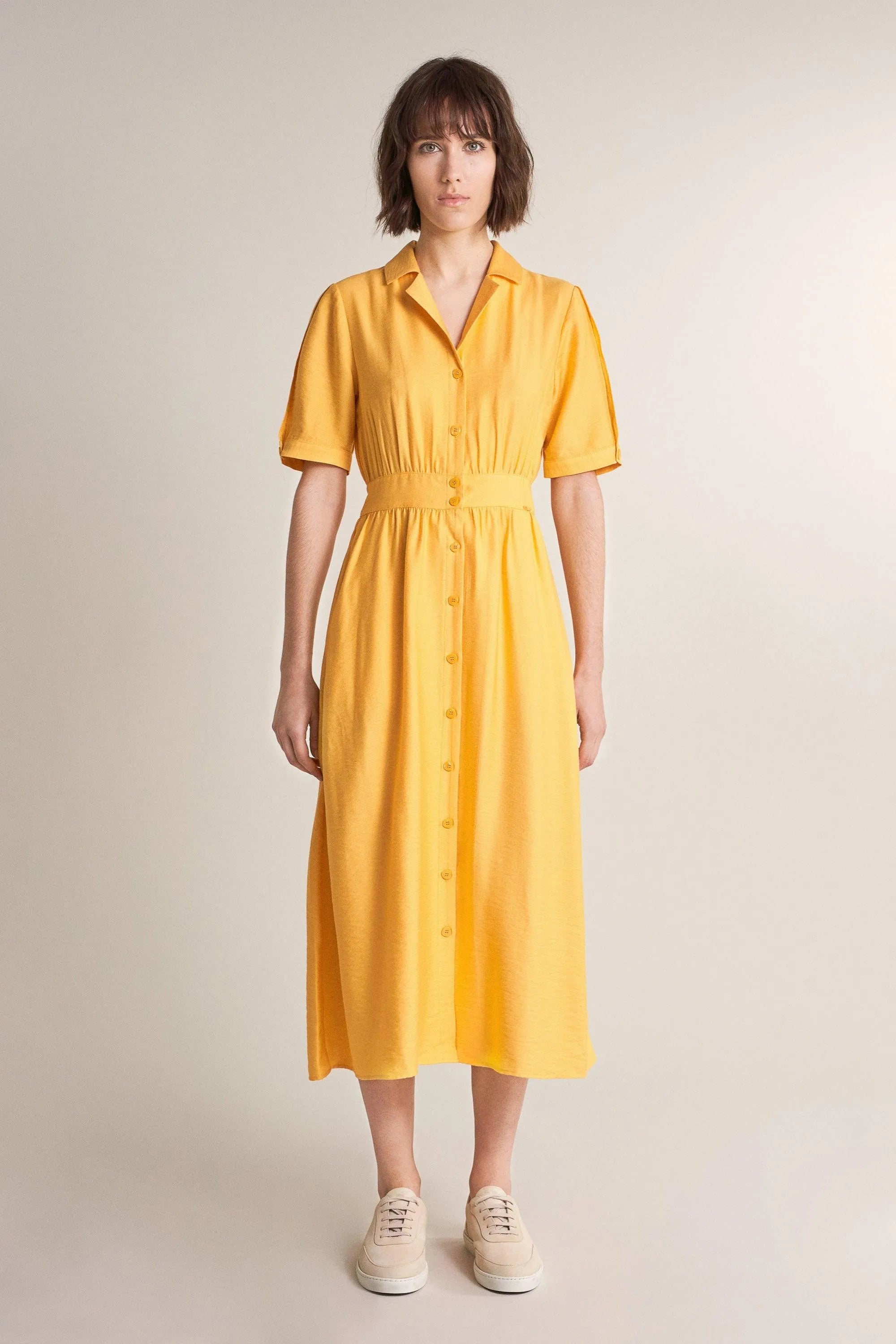 Vestido camisero cintado - ECRU