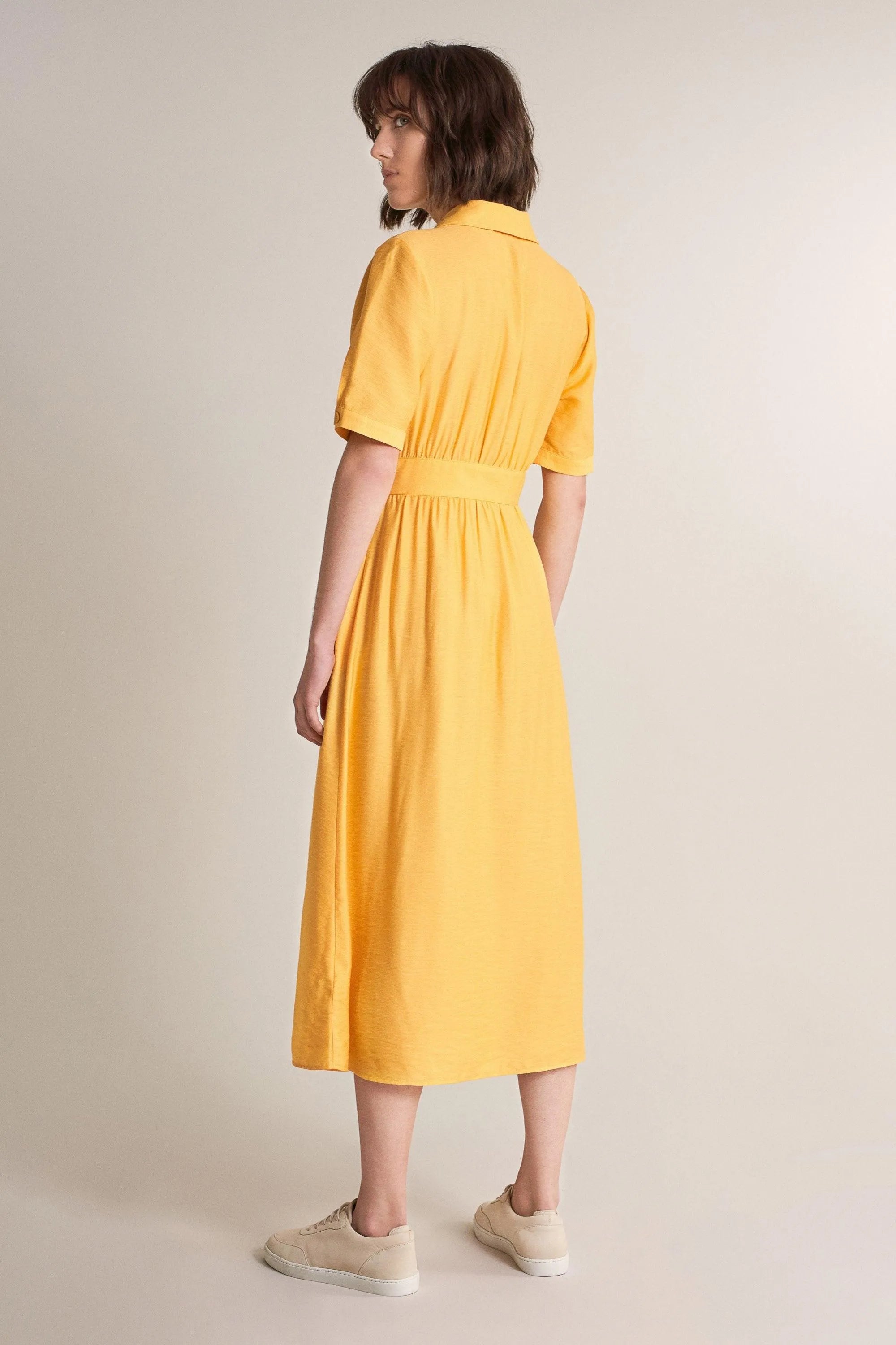 Vestido camisero cintado - ECRU