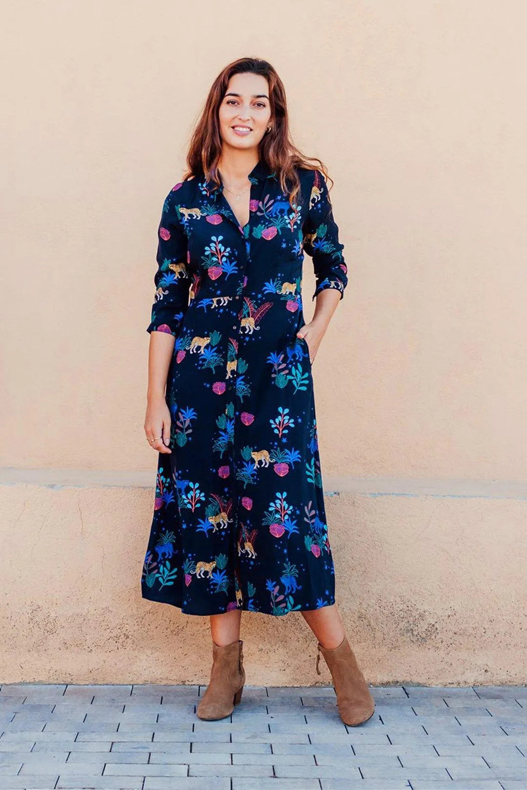 Vestido Camisero Clarissa Negro, Night Leopard - ECRU