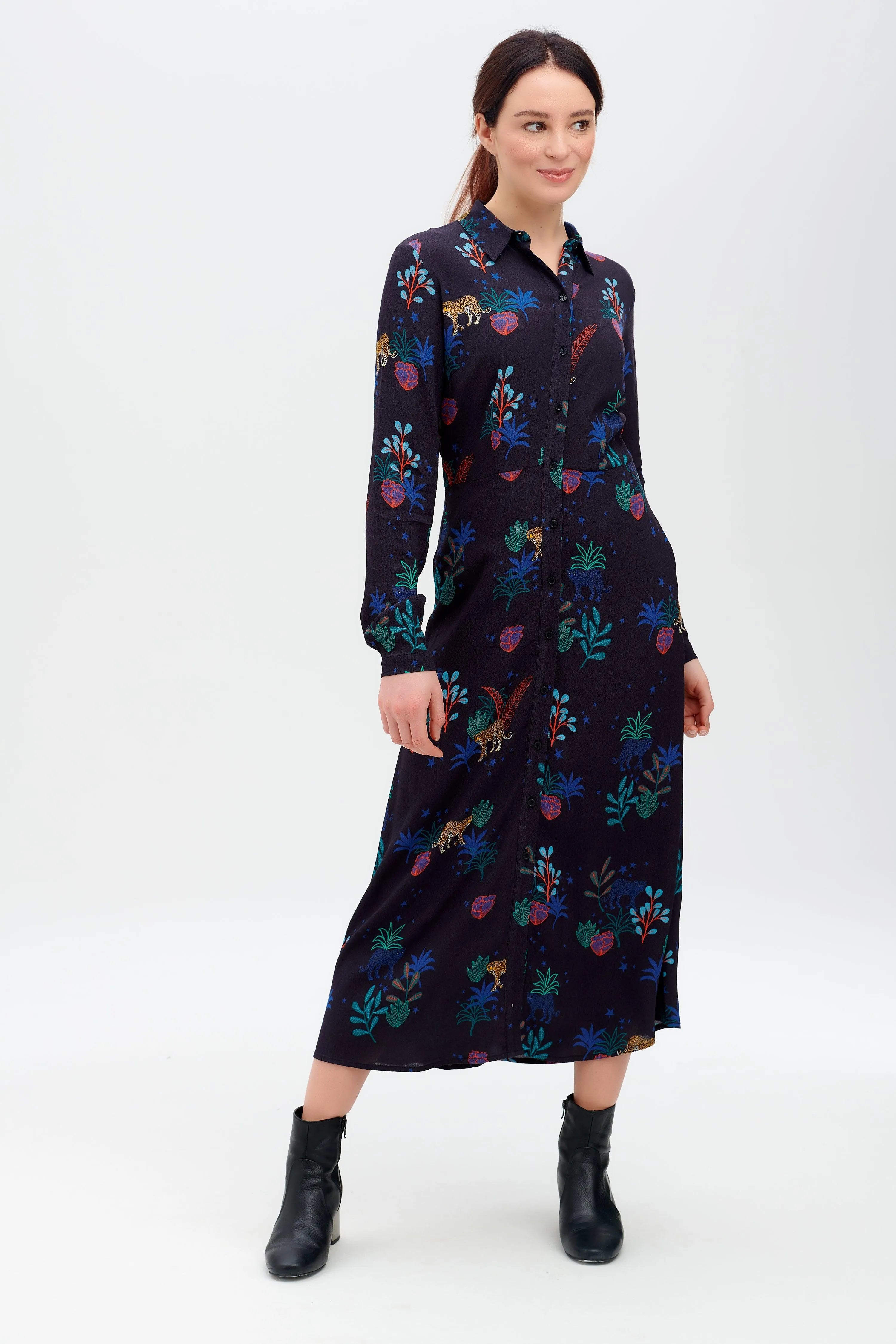 Vestido Camisero Clarissa Negro, Night Leopard - ECRU