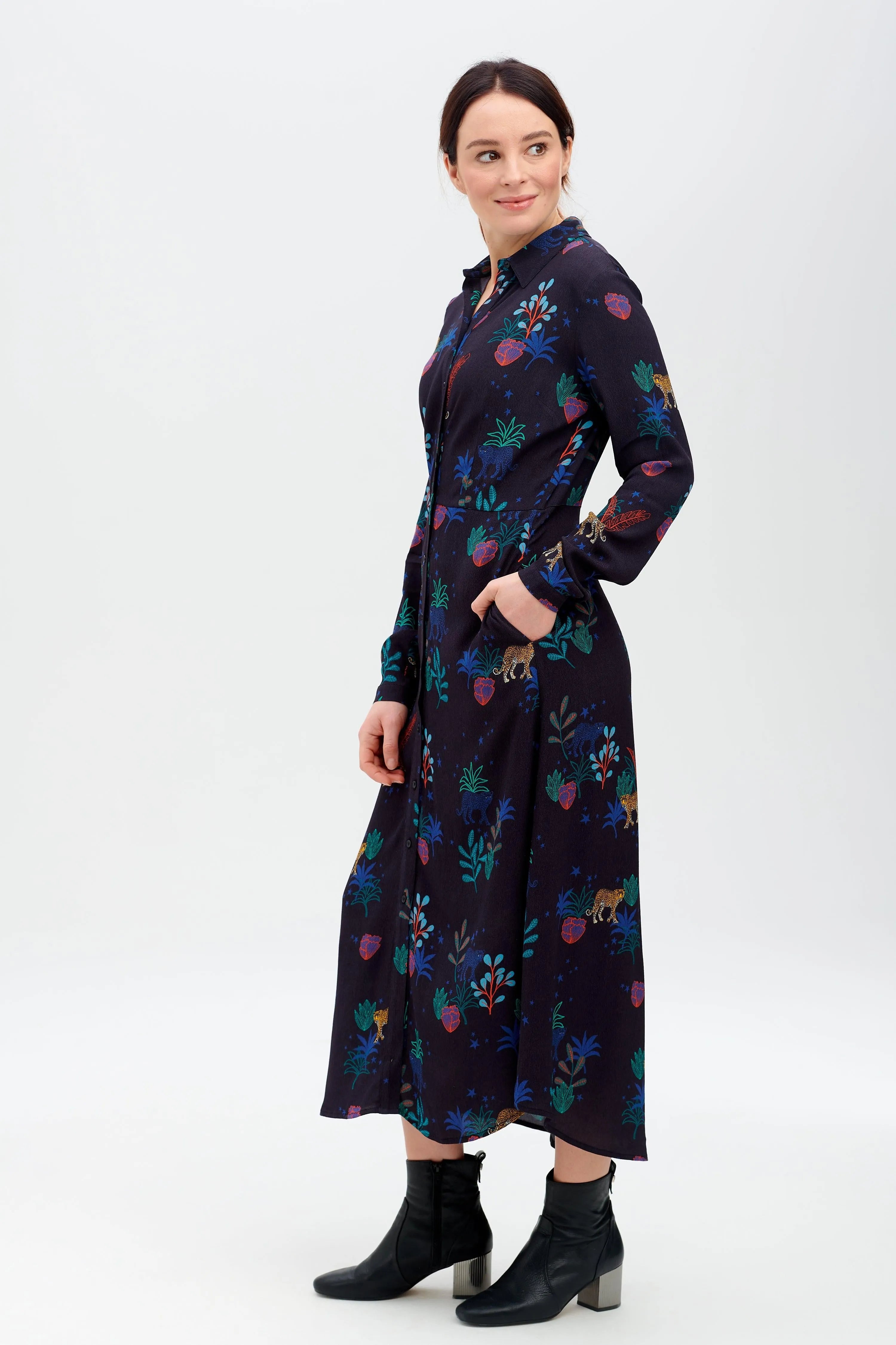 Vestido Camisero Clarissa Negro, Night Leopard - ECRU