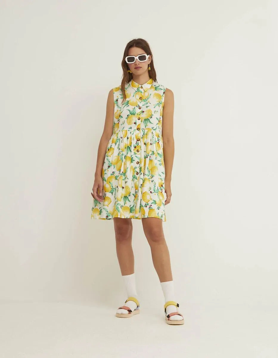 Vestido Camisero Corto Limones - ECRU