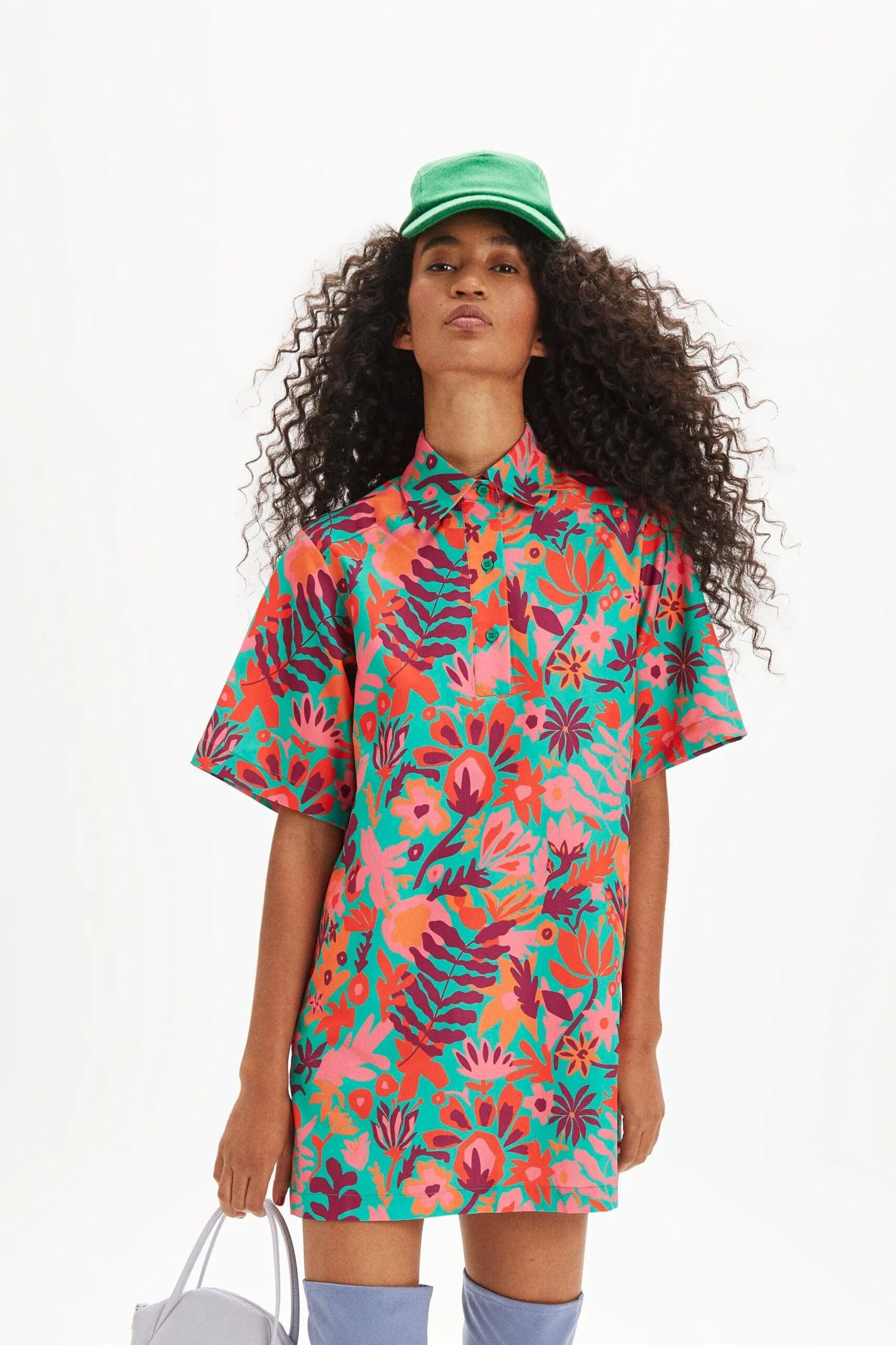Vestido camisero flores tropical - ECRU